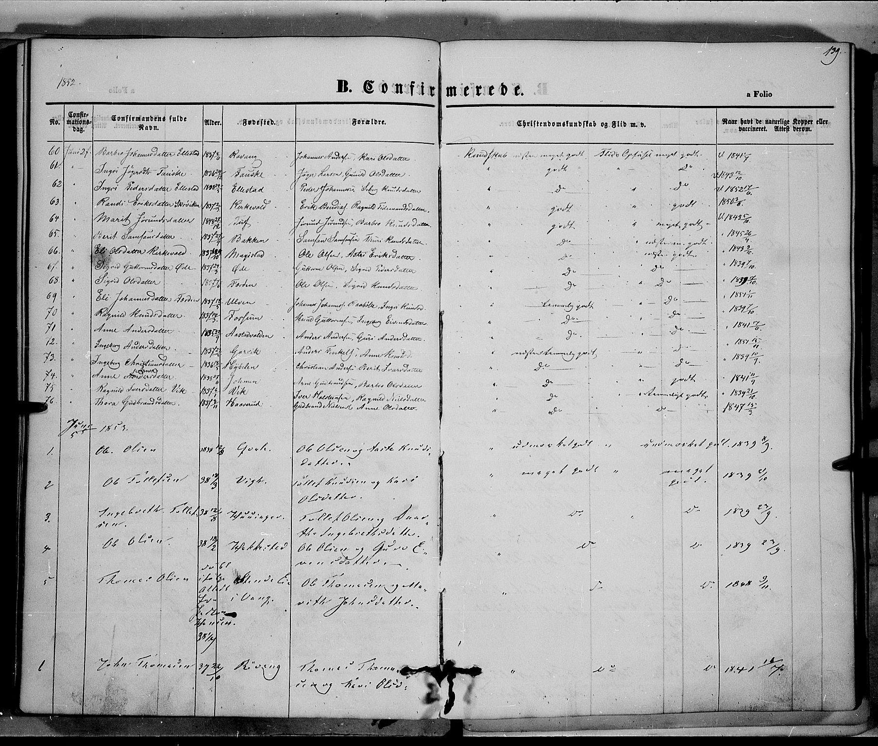 Vestre Slidre prestekontor, SAH/PREST-136/H/Ha/Haa/L0001: Parish register (official) no. 1, 1844-1855, p. 139