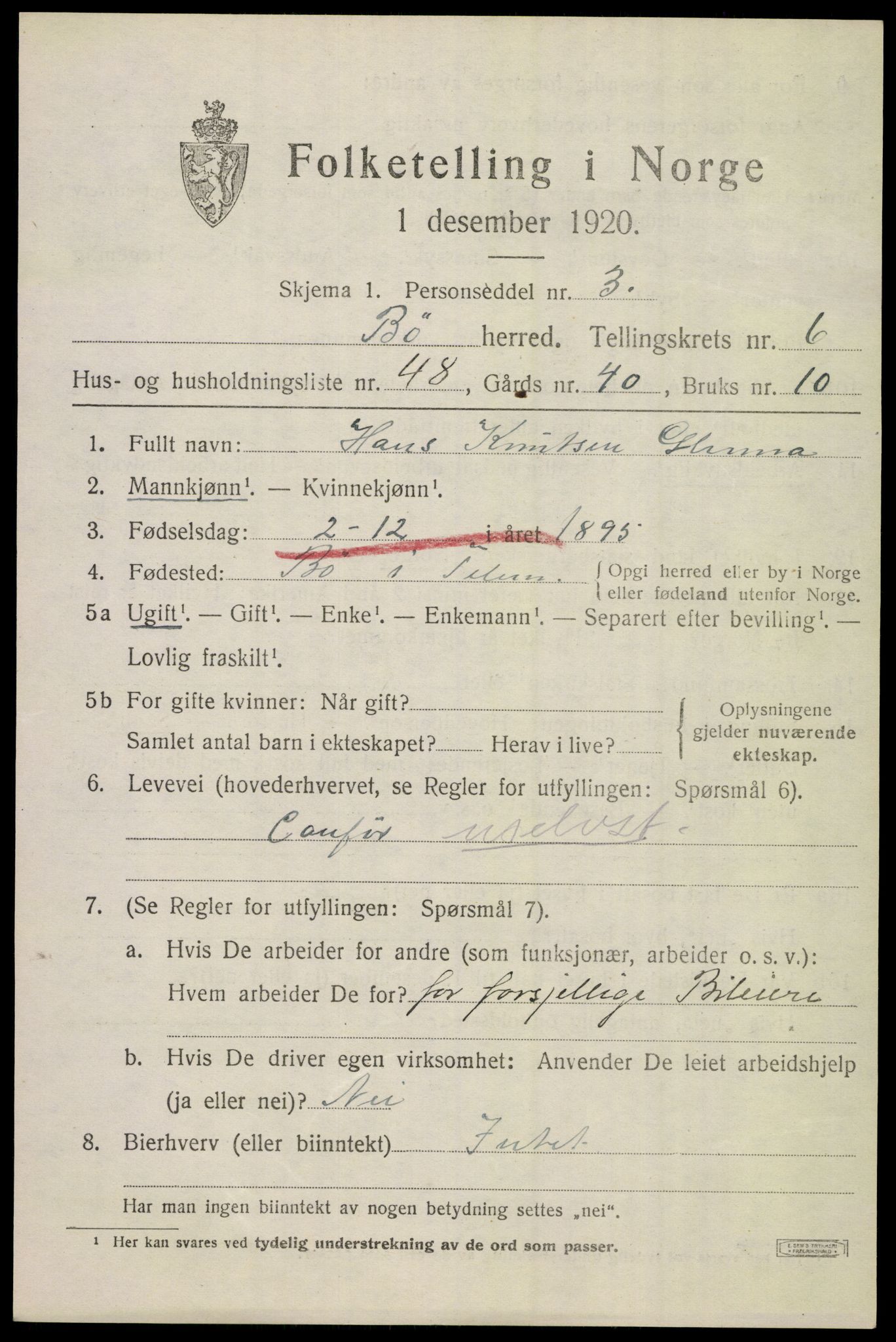 SAKO, 1920 census for Bø (Telemark), 1920, p. 4924