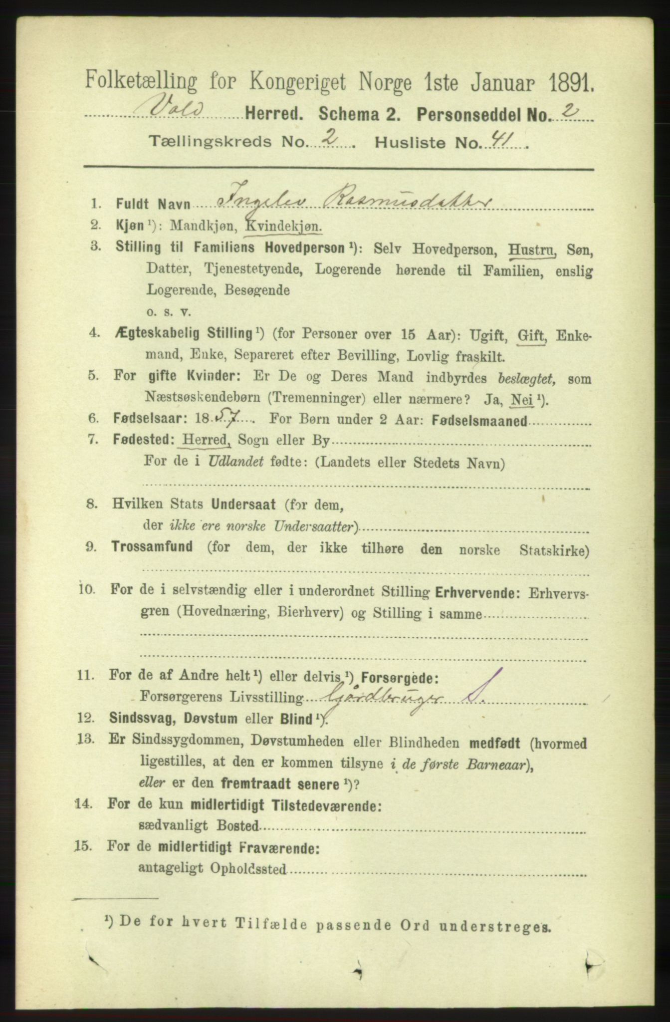 RA, 1891 census for 1537 Voll, 1891, p. 904