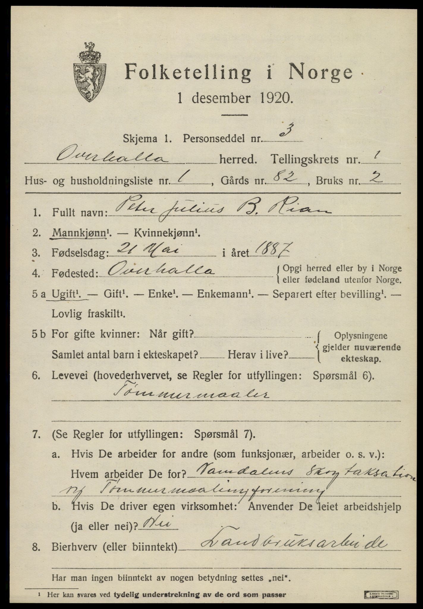 SAT, 1920 census for Overhalla, 1920, p. 962