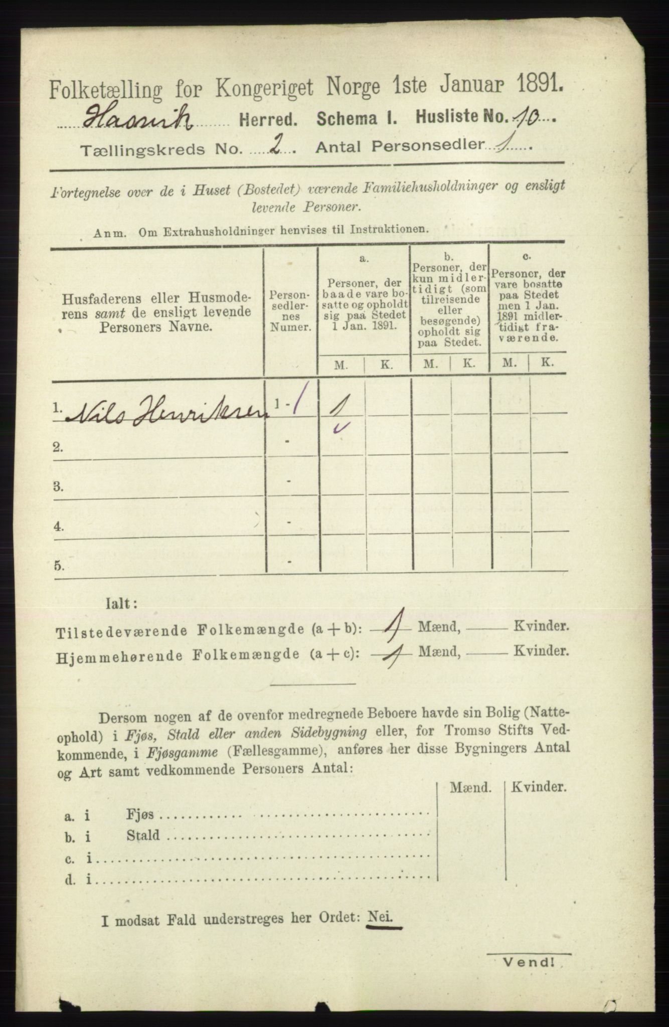 RA, 1891 census for 2015 Hasvik, 1891, p. 270