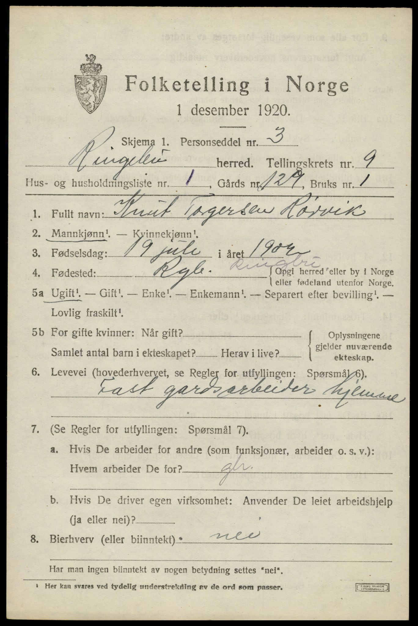 SAH, 1920 census for Ringebu, 1920, p. 8253