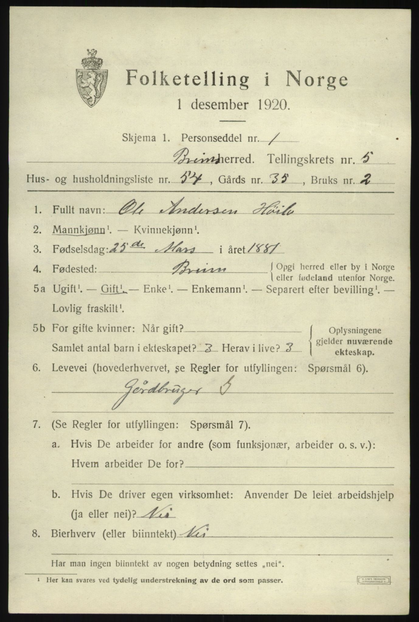SAB, 1920 census for Breim, 1920, p. 3463