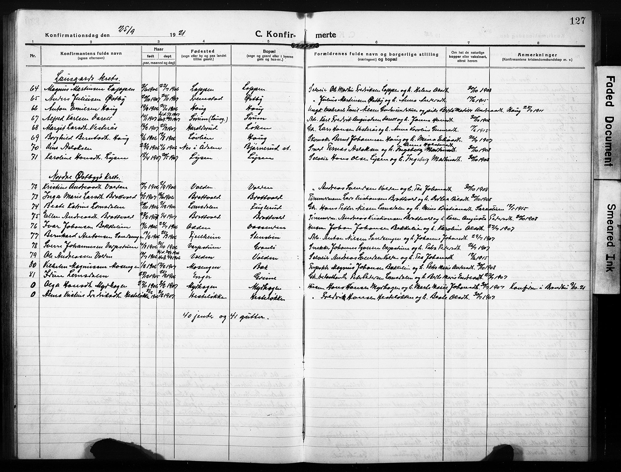 Søndre Land prestekontor, AV/SAH-PREST-122/L/L0007: Parish register (copy) no. 7, 1915-1932, p. 127