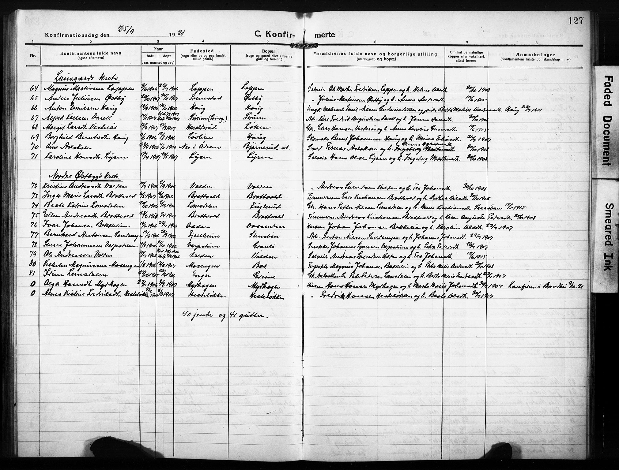 Søndre Land prestekontor, SAH/PREST-122/L/L0007: Parish register (copy) no. 7, 1915-1932, p. 127