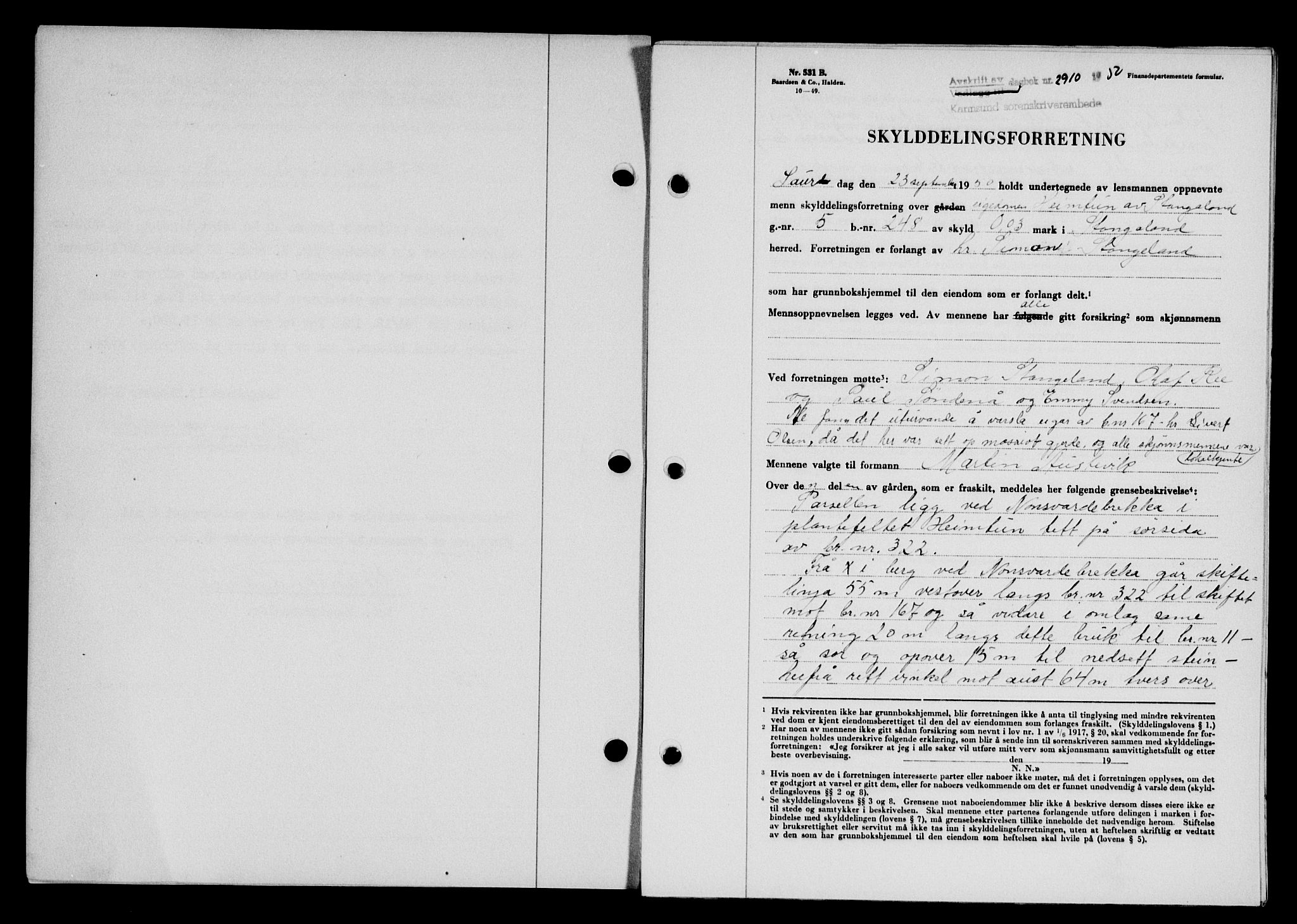 Karmsund sorenskriveri, SAST/A-100311/01/II/IIB/L0101: Mortgage book no. 81A, 1950-1951, Diary no: : 2910/1950