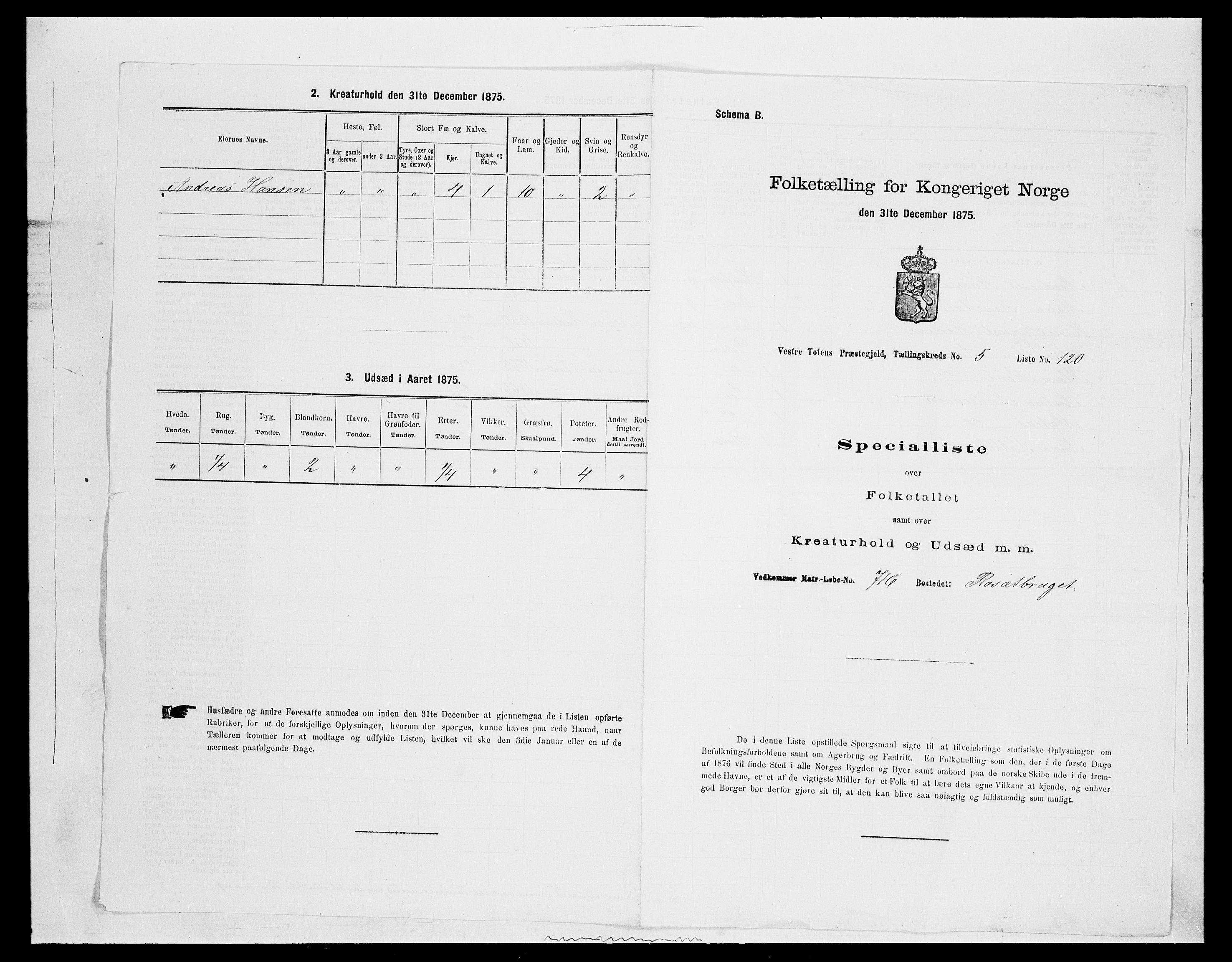 SAH, 1875 census for 0529P Vestre Toten, 1875, p. 1144