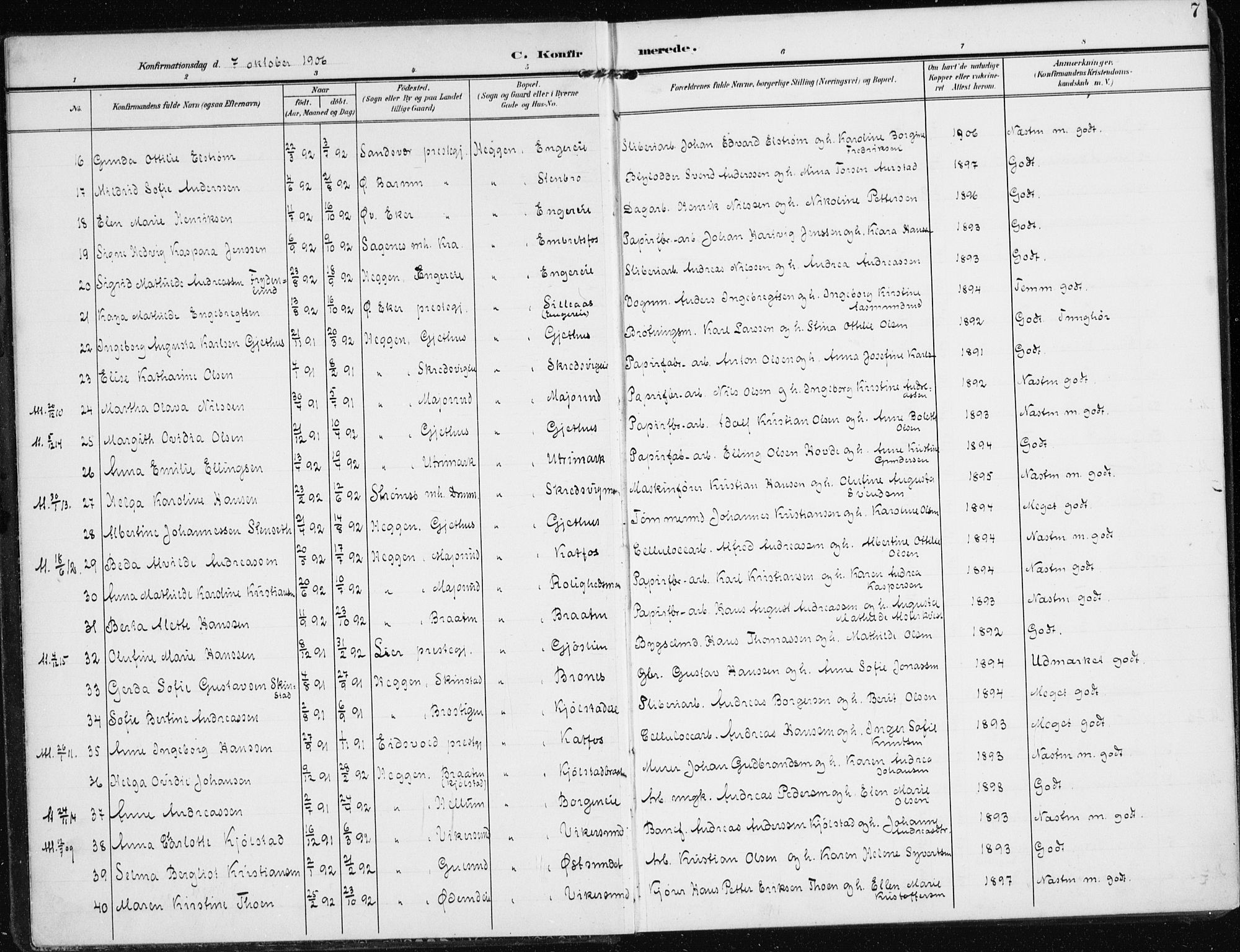 Modum kirkebøker, SAKO/A-234/F/Fa/L0014b: Parish register (official) no. 14B, 1906-1917, p. 7