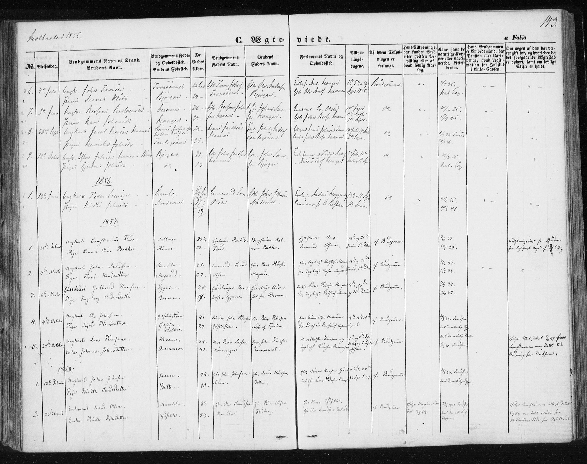 Ministerialprotokoller, klokkerbøker og fødselsregistre - Sør-Trøndelag, SAT/A-1456/685/L0963: Parish register (official) no. 685A06 /1, 1846-1859, p. 143