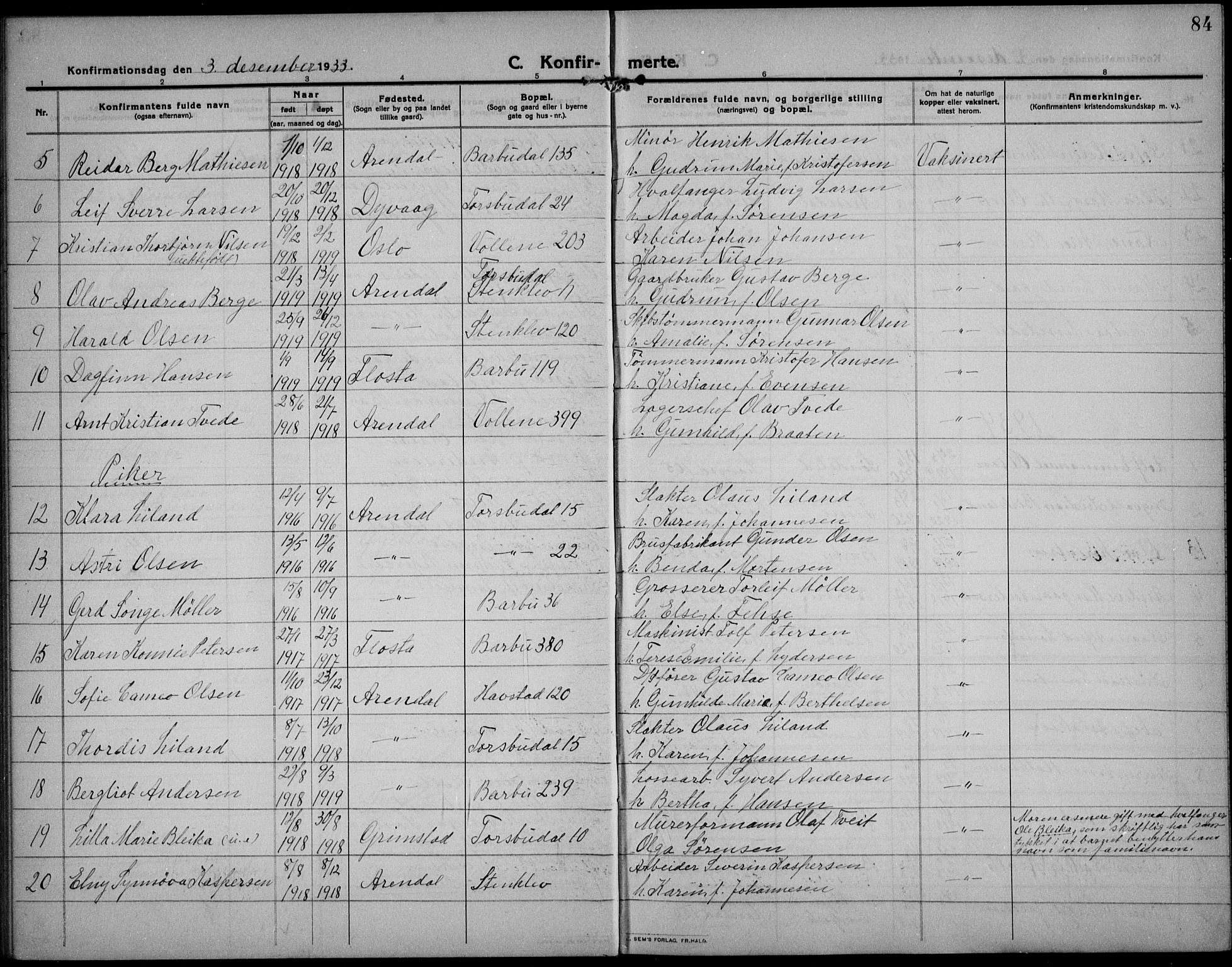 Barbu sokneprestkontor, AV/SAK-1111-0003/F/Fb/L0004: Parish register (copy) no. B 4, 1911-1936, p. 84