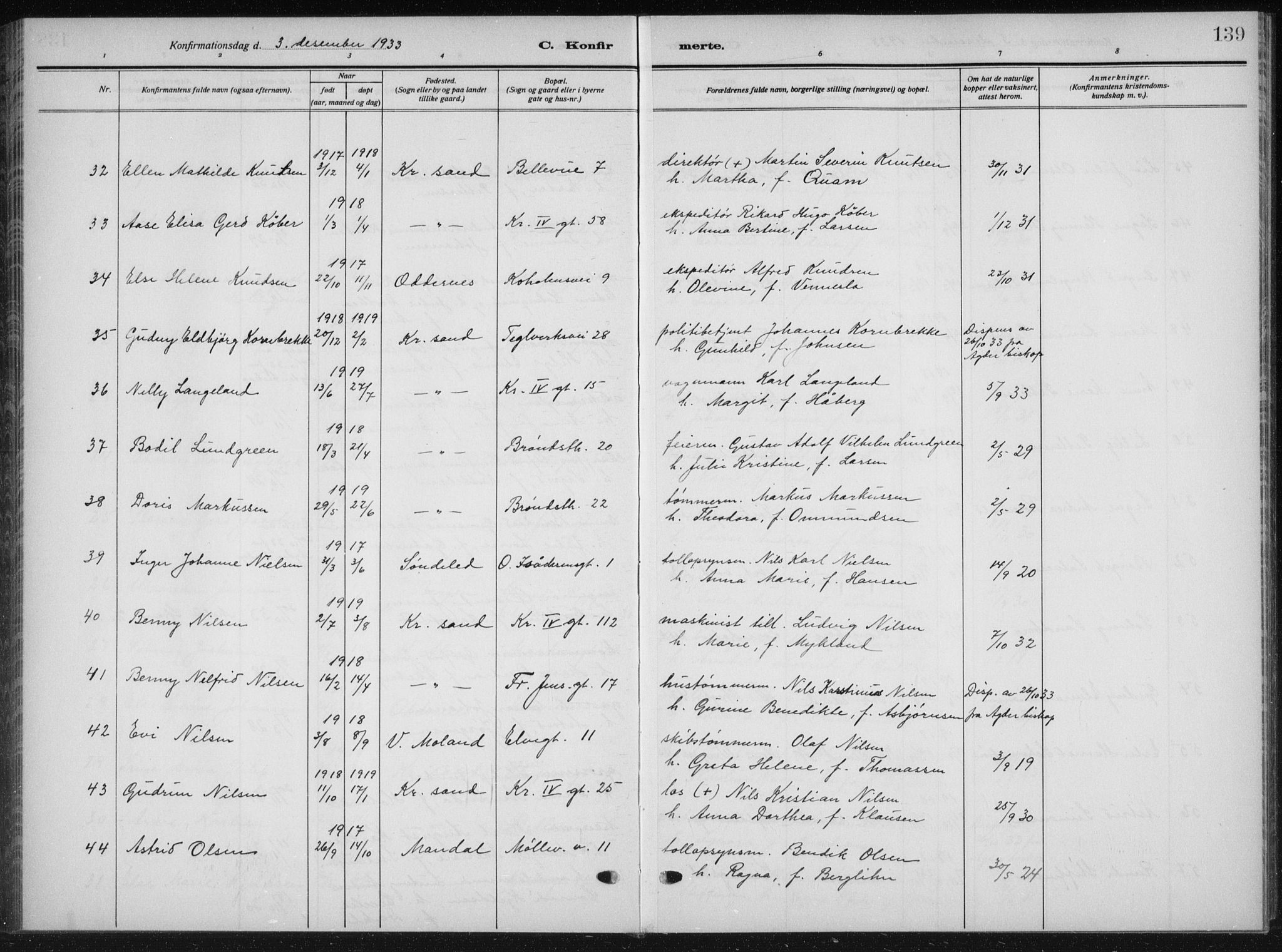 Kristiansand domprosti, AV/SAK-1112-0006/F/Fb/L0025: Parish register (copy) no. B 25, 1924-1934, p. 139