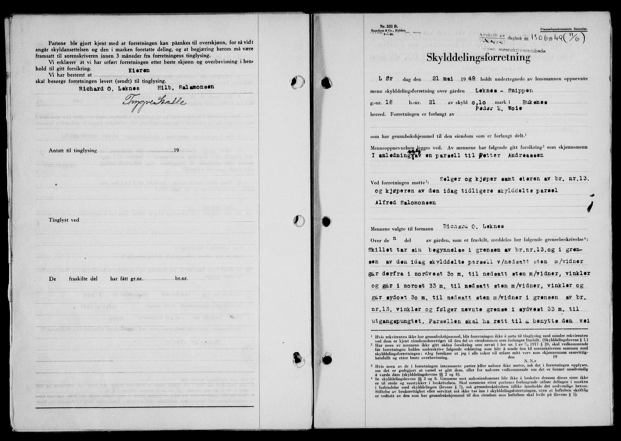 Lofoten sorenskriveri, SAT/A-0017/1/2/2C/L0021a: Mortgage book no. 21a, 1949-1949, Diary no: : 1306/1949