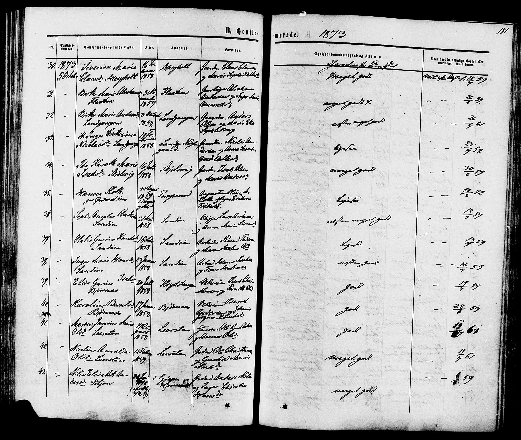 Eidanger kirkebøker, AV/SAKO-A-261/F/Fa/L0010: Parish register (official) no. 10, 1859-1874, p. 181