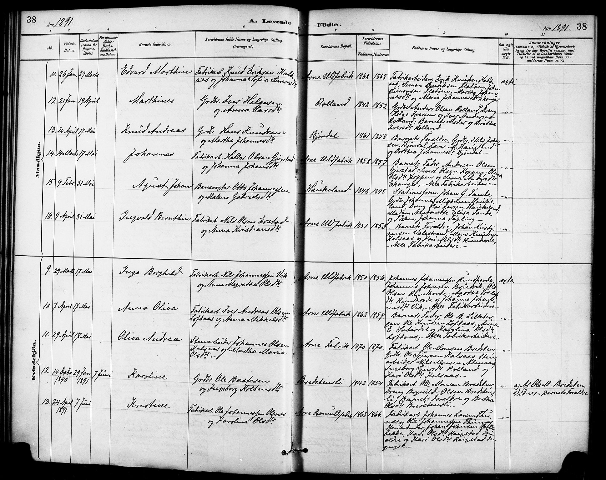 Haus sokneprestembete, AV/SAB-A-75601/H/Haa/Haad/L0001: Parish register (official) no. D 1, 1887-1898, p. 38