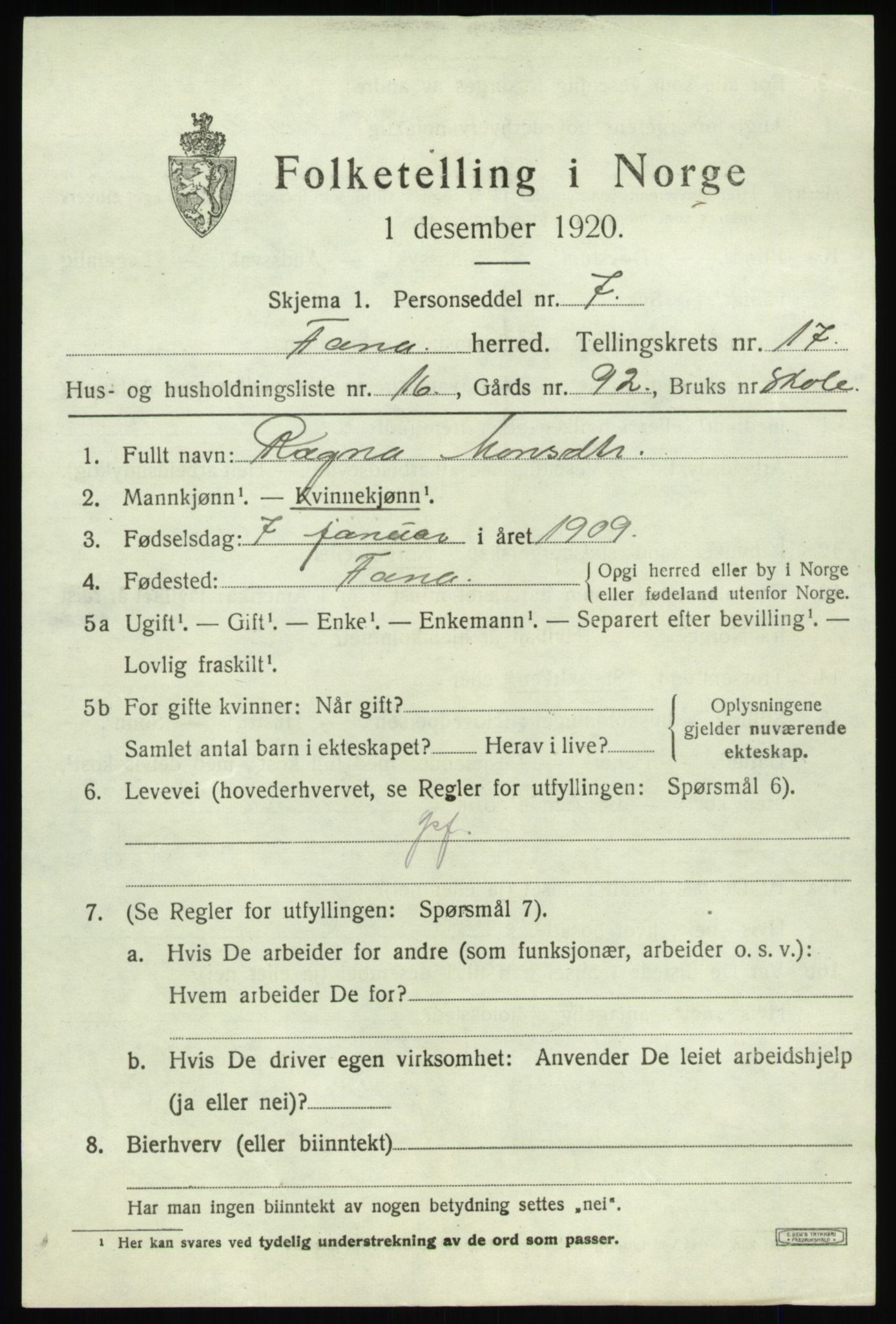 SAB, 1920 census for Fana, 1920, p. 22449