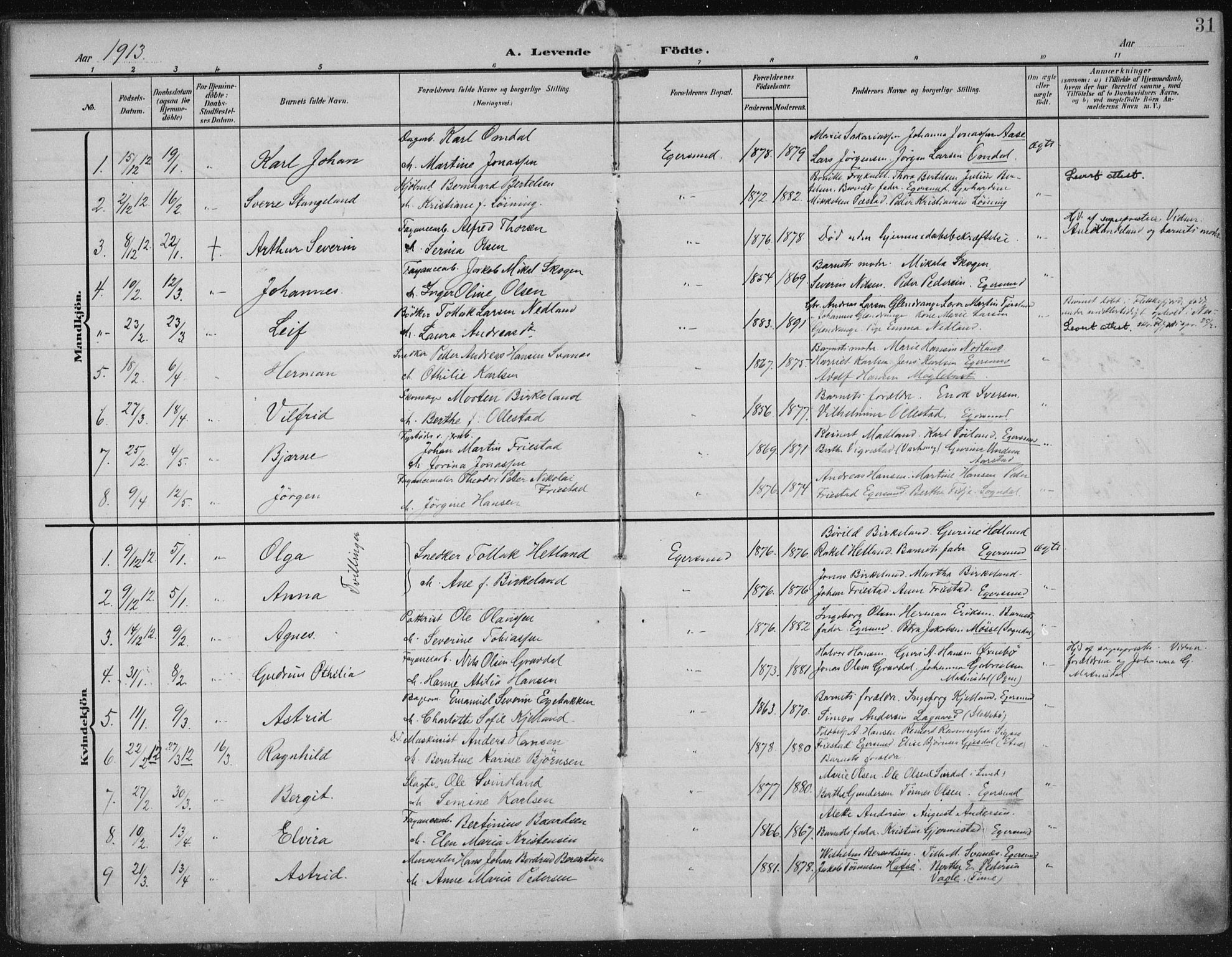 Eigersund sokneprestkontor, SAST/A-101807/S08/L0022: Parish register (official) no. A 21, 1905-1928, p. 31