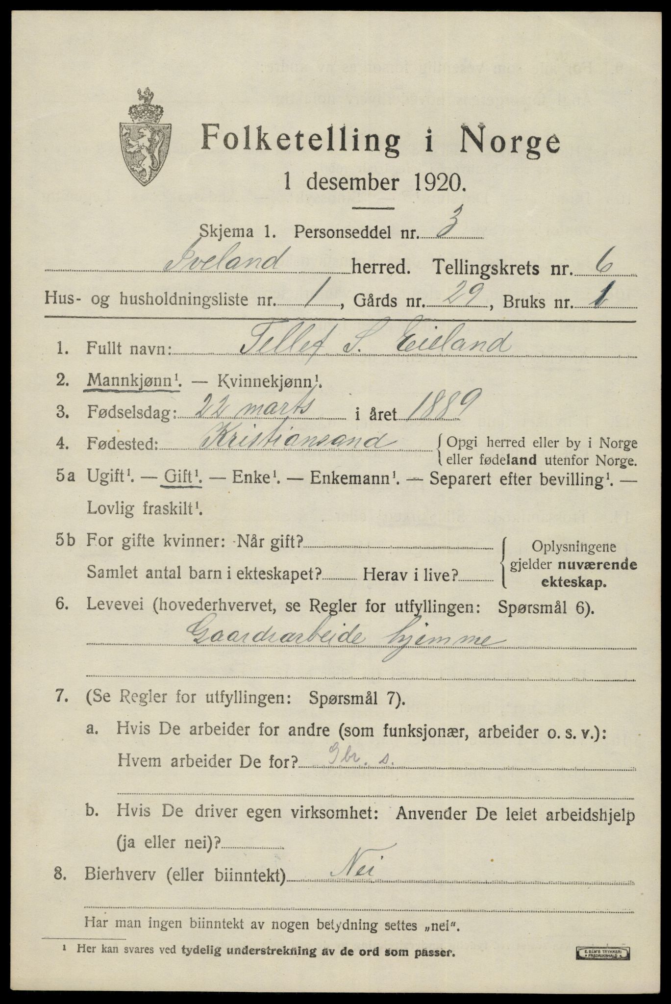 SAK, 1920 census for Iveland, 1920, p. 1931