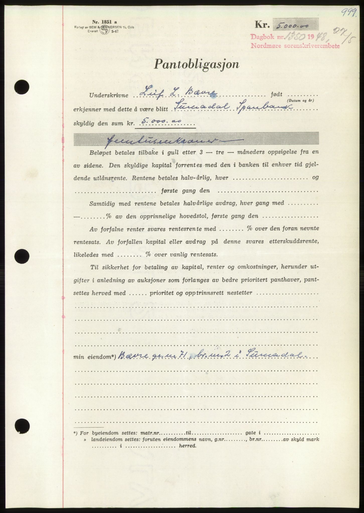 Nordmøre sorenskriveri, AV/SAT-A-4132/1/2/2Ca: Mortgage book no. B98, 1948-1948, Diary no: : 1350/1948