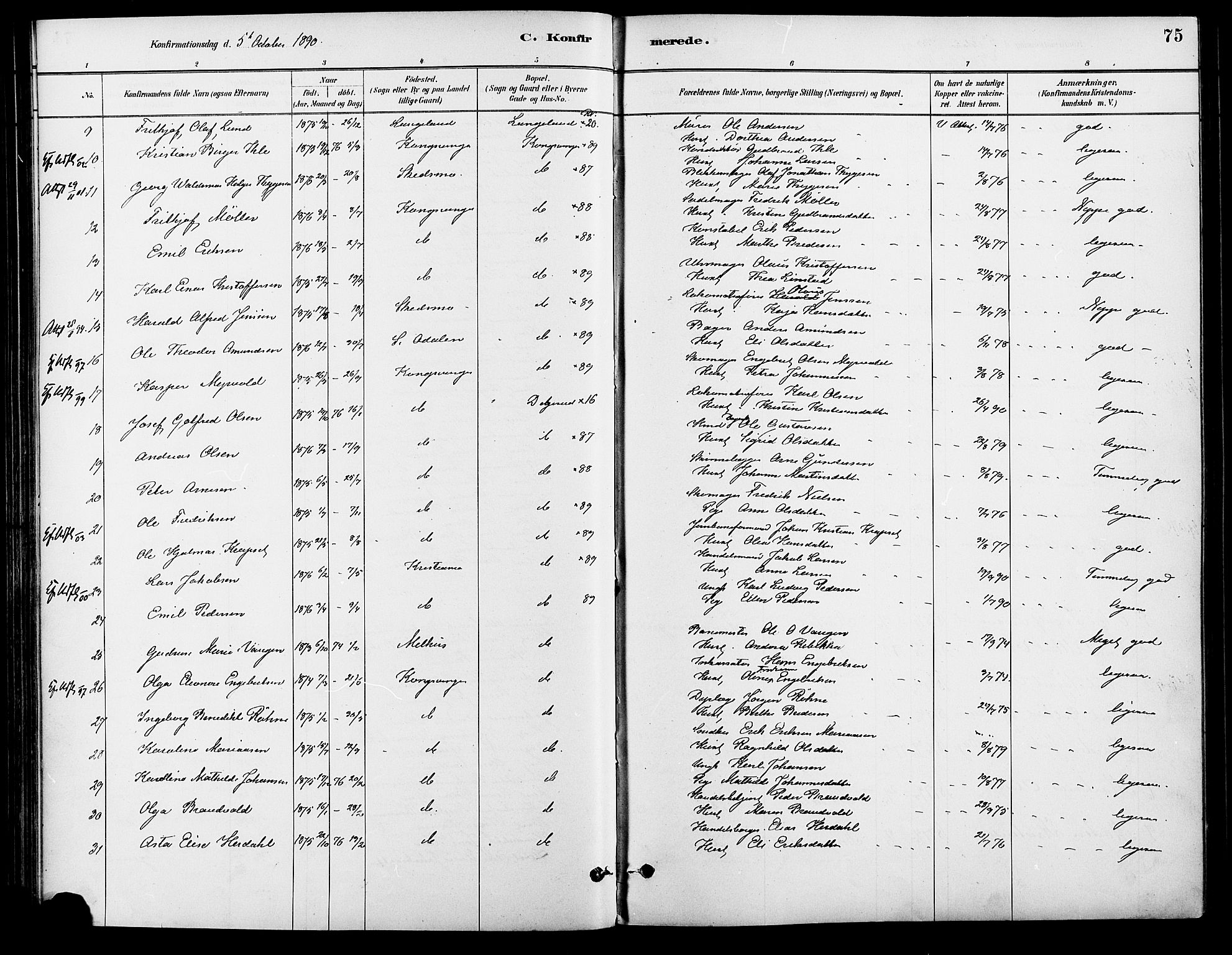 Vinger prestekontor, AV/SAH-PREST-024/H/Ha/Haa/L0013: Parish register (official) no. 13, 1881-1897, p. 75