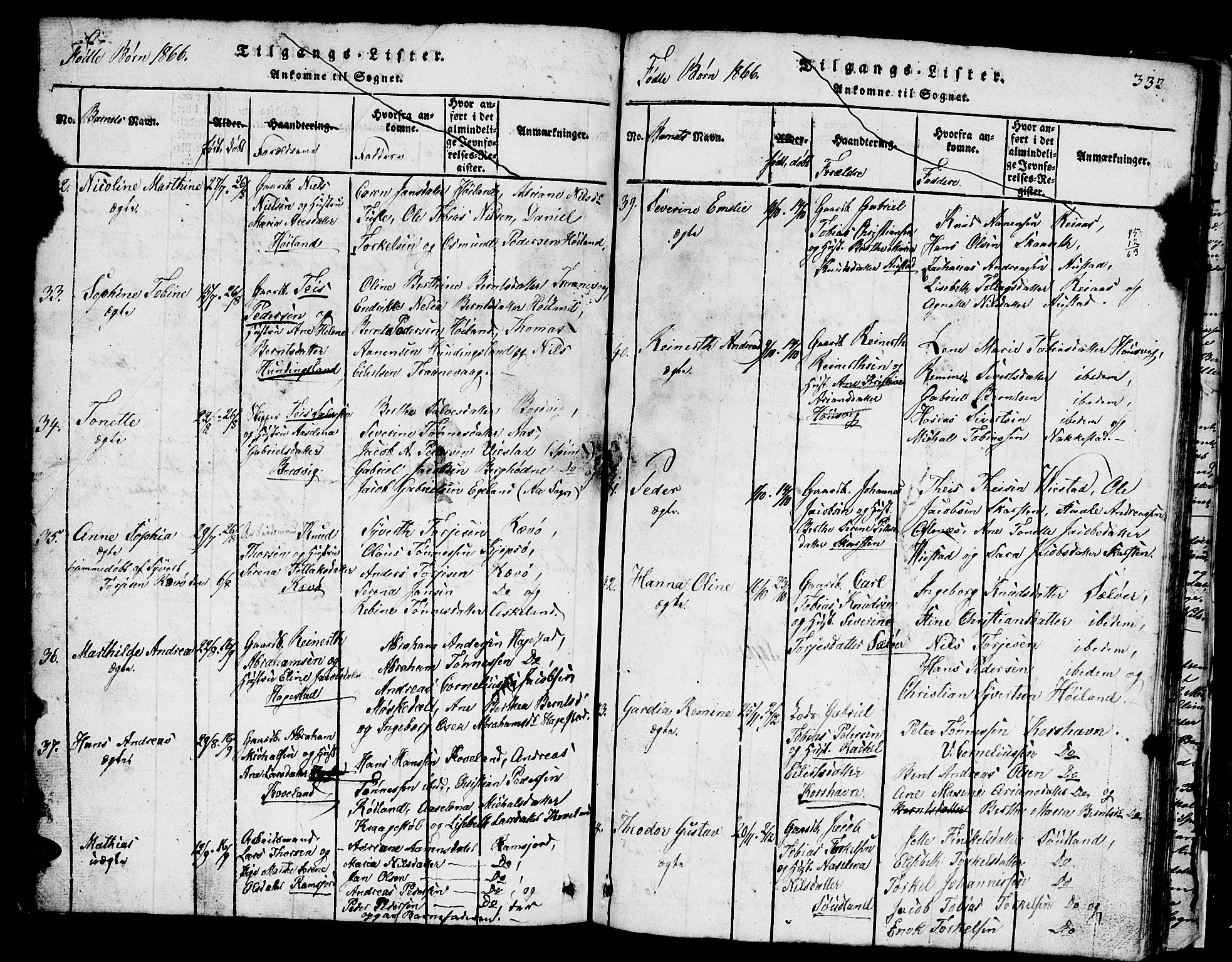 Lyngdal sokneprestkontor, AV/SAK-1111-0029/F/Fb/Fba/L0001: Parish register (copy) no. B 1, 1816-1876, p. 332