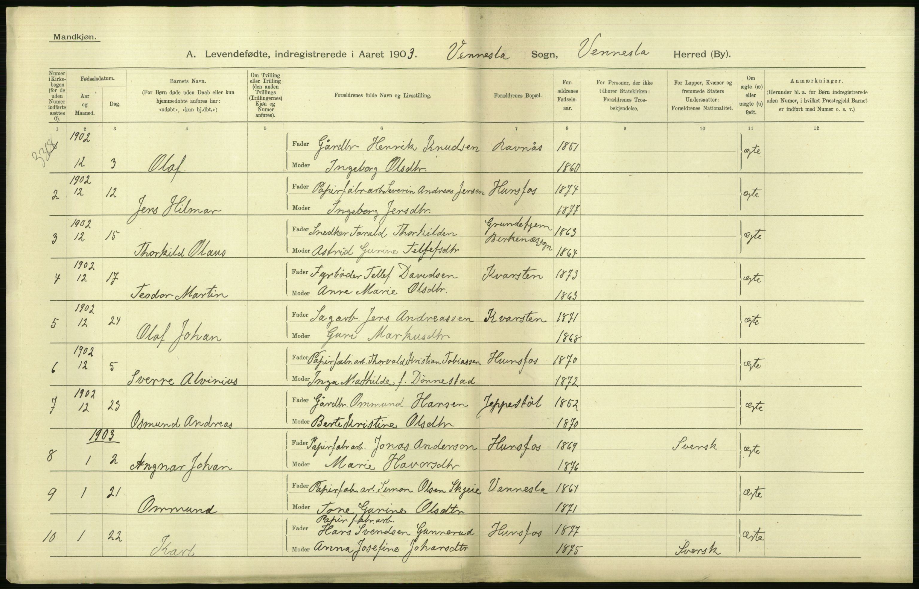 Statistisk sentralbyrå, Sosiodemografiske emner, Befolkning, AV/RA-S-2228/D/Df/Dfa/Dfaa/L0011: Lister og Mandal amt: Fødte, gifte, døde, 1903, p. 178