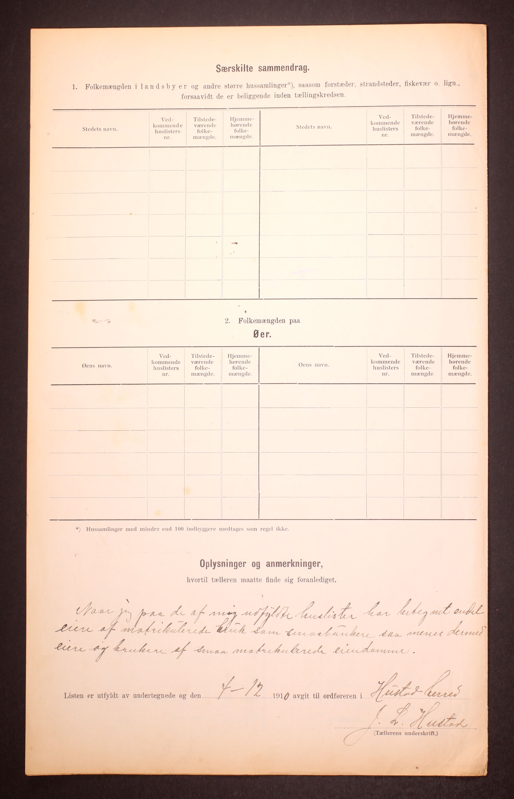 RA, 1910 census for Hustad (Sandvollan), 1910, p. 9