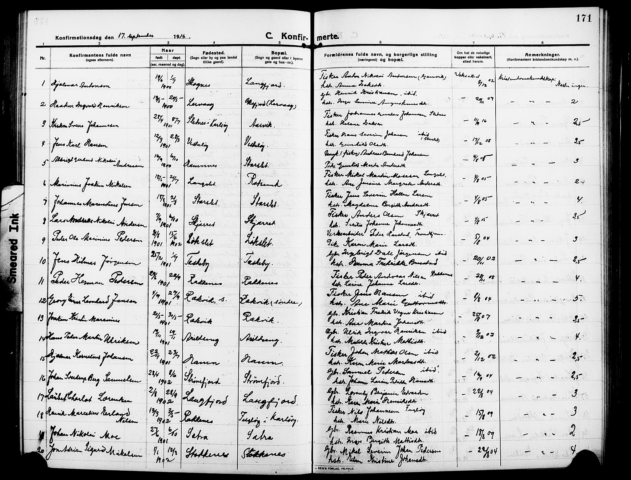 Skjervøy sokneprestkontor, AV/SATØ-S-1300/H/Ha/Hab/L0009klokker: Parish register (copy) no. 9, 1911-1926, p. 171