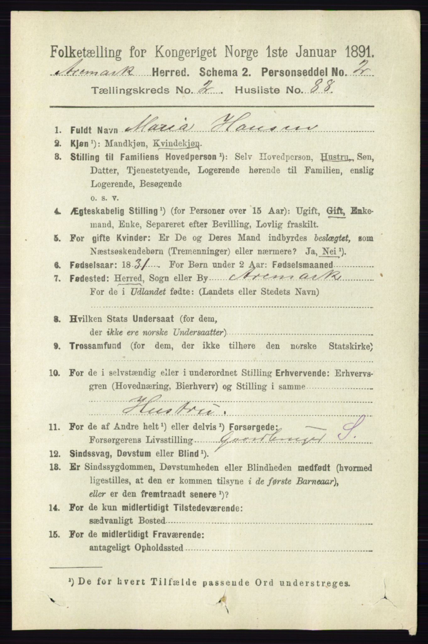 RA, 1891 census for 0118 Aremark, 1891, p. 1337