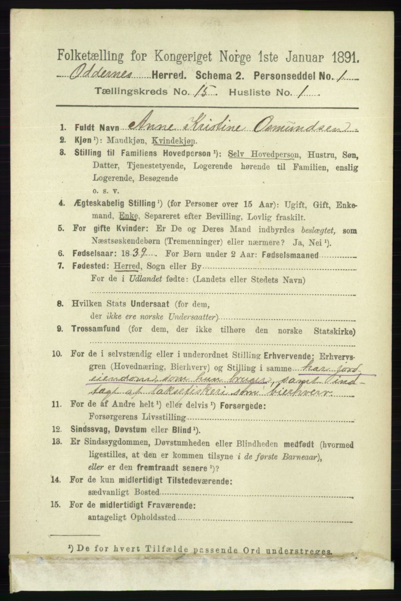 RA, 1891 census for 1012 Oddernes, 1891, p. 5053