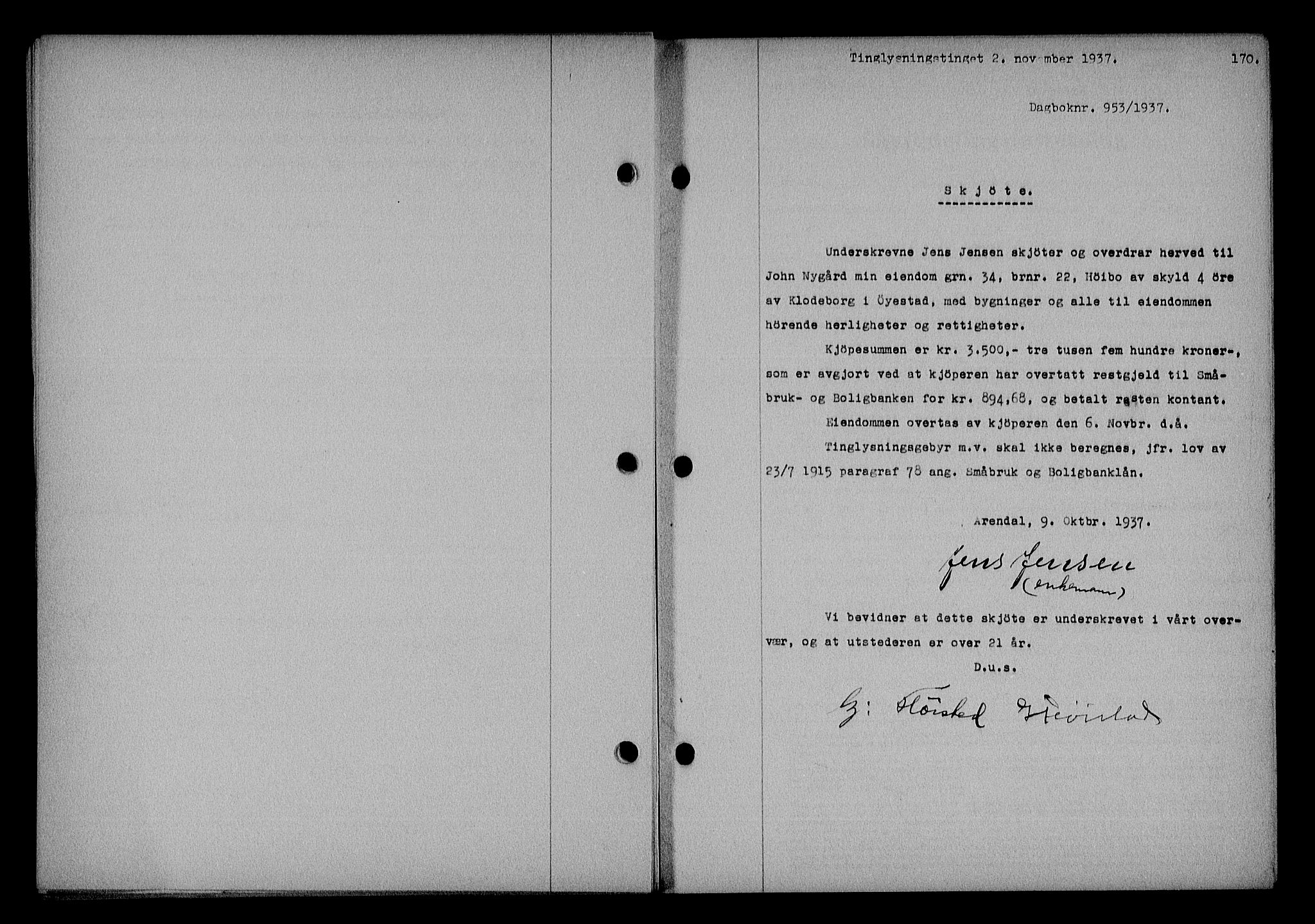 Nedenes sorenskriveri, AV/SAK-1221-0006/G/Gb/Gba/L0044: Mortgage book no. 40, 1937-1938, Diary no: : 953/1937