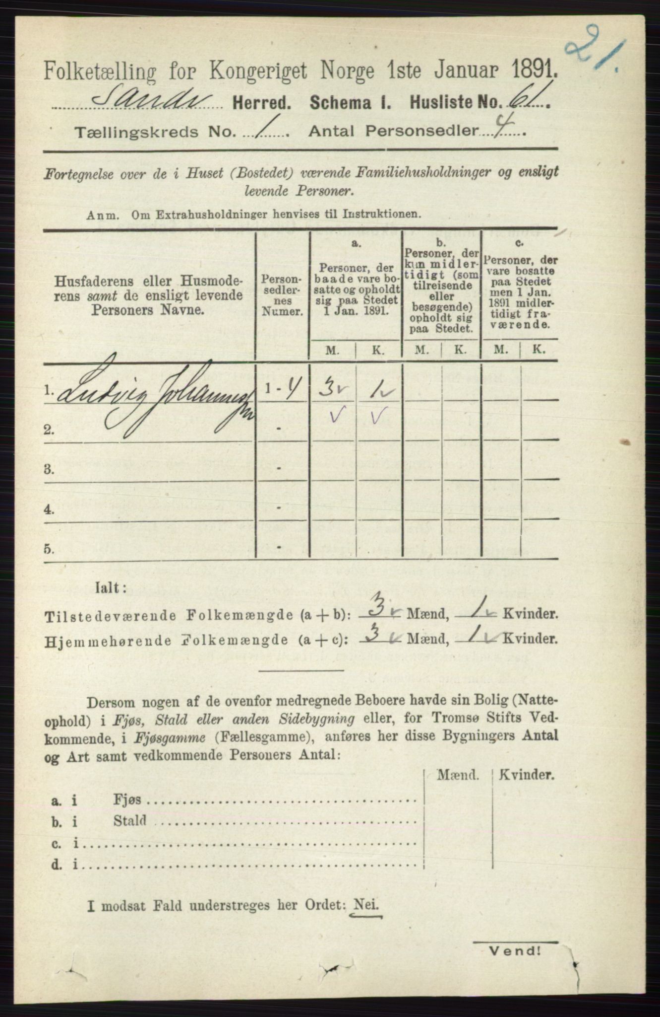 RA, 1891 census for 0713 Sande, 1891, p. 87