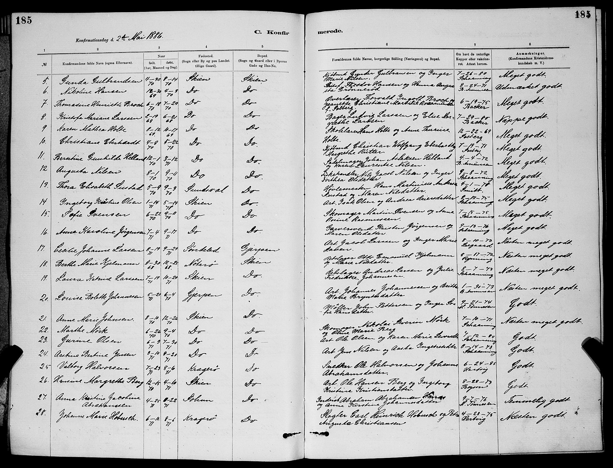 Skien kirkebøker, SAKO/A-302/G/Ga/L0006: Parish register (copy) no. 6, 1881-1890, p. 185