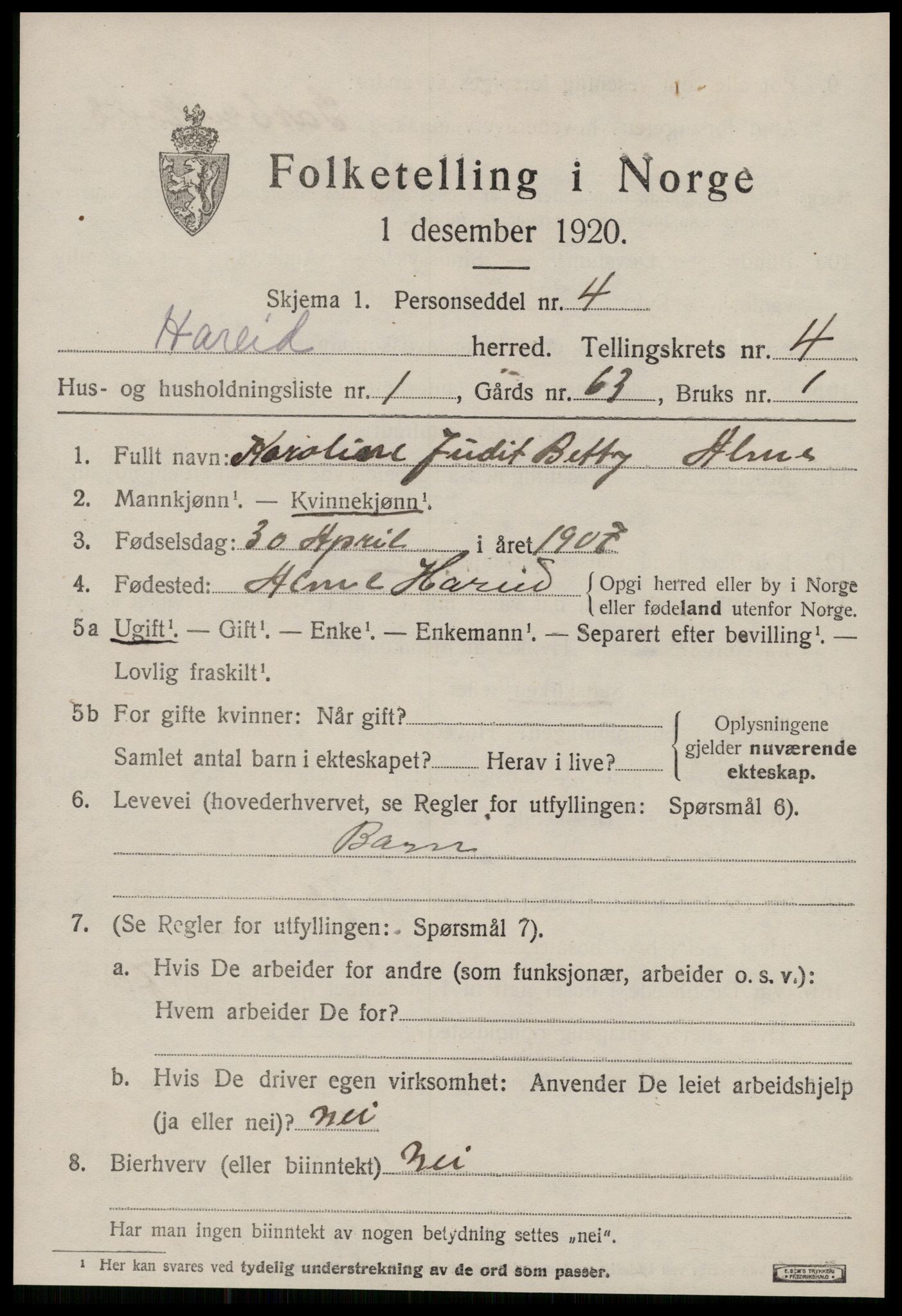 SAT, 1920 census for Hareid, 1920, p. 1693