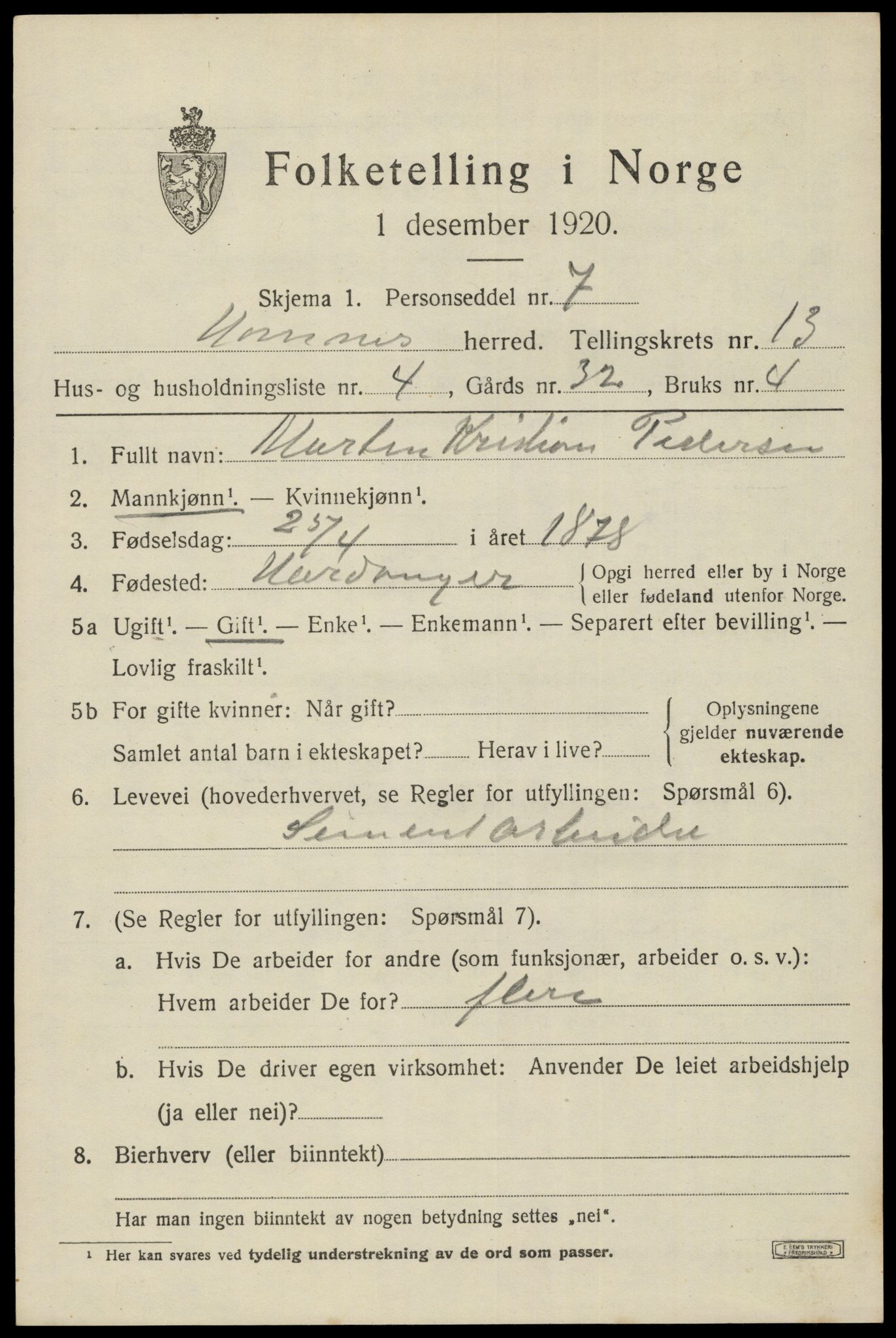 SAK, 1920 census for Hornnes, 1920, p. 3103