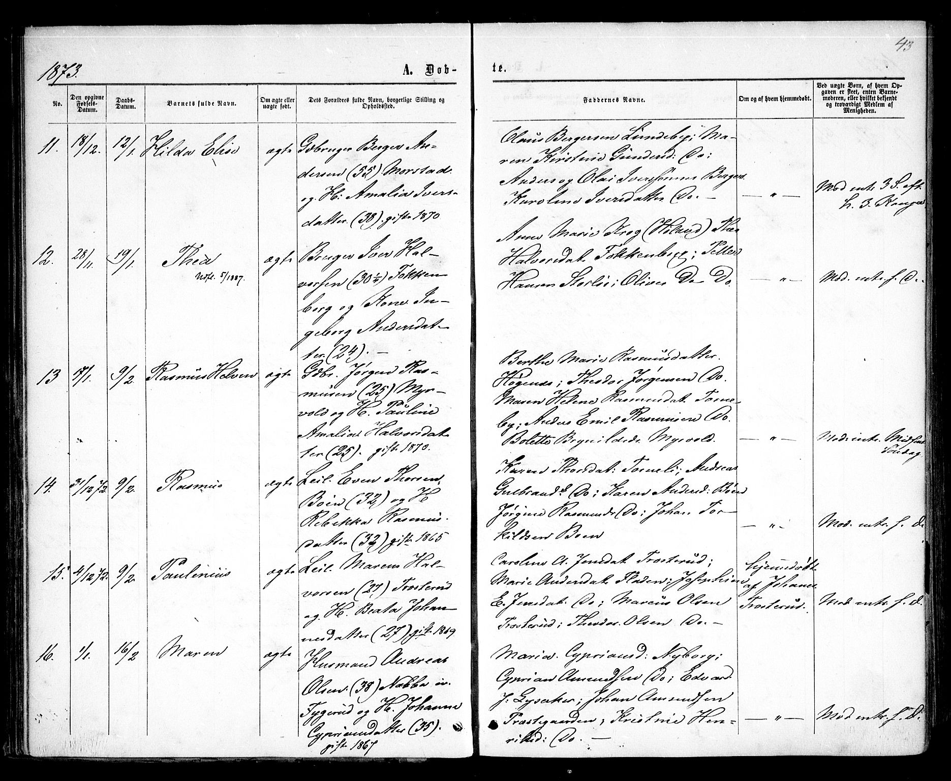 Rødenes prestekontor Kirkebøker, AV/SAO-A-2005/F/Fa/L0008: Parish register (official) no. I 8, 1869-1879, p. 43