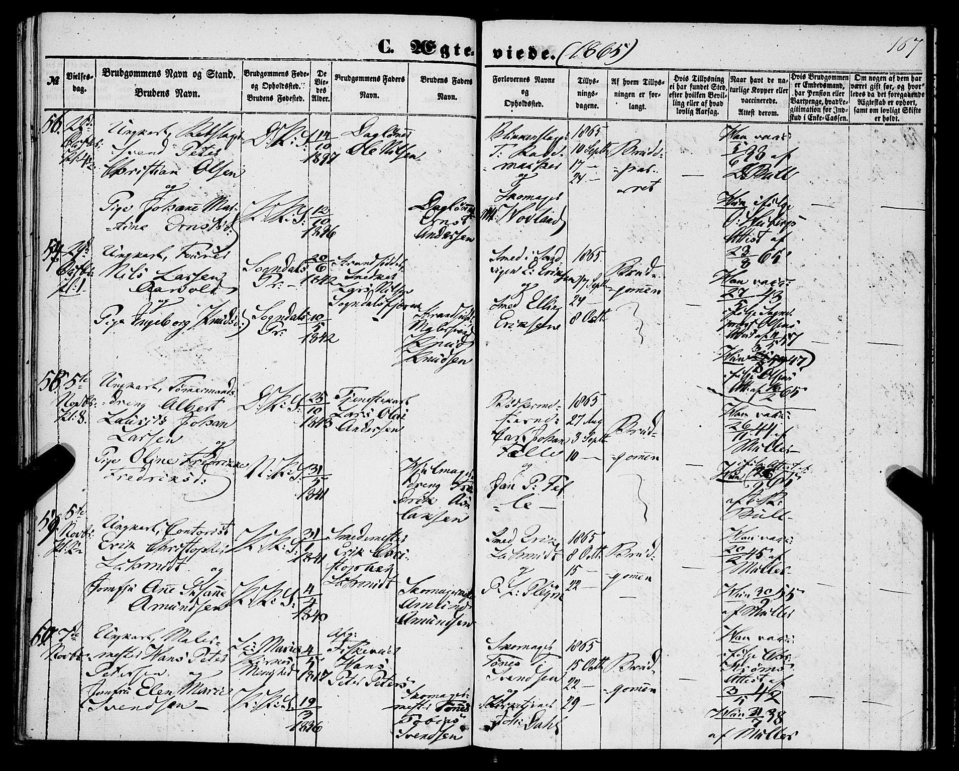 Korskirken sokneprestembete, SAB/A-76101/H/Haa/L0035: Parish register (official) no. D 2, 1852-1867, p. 167