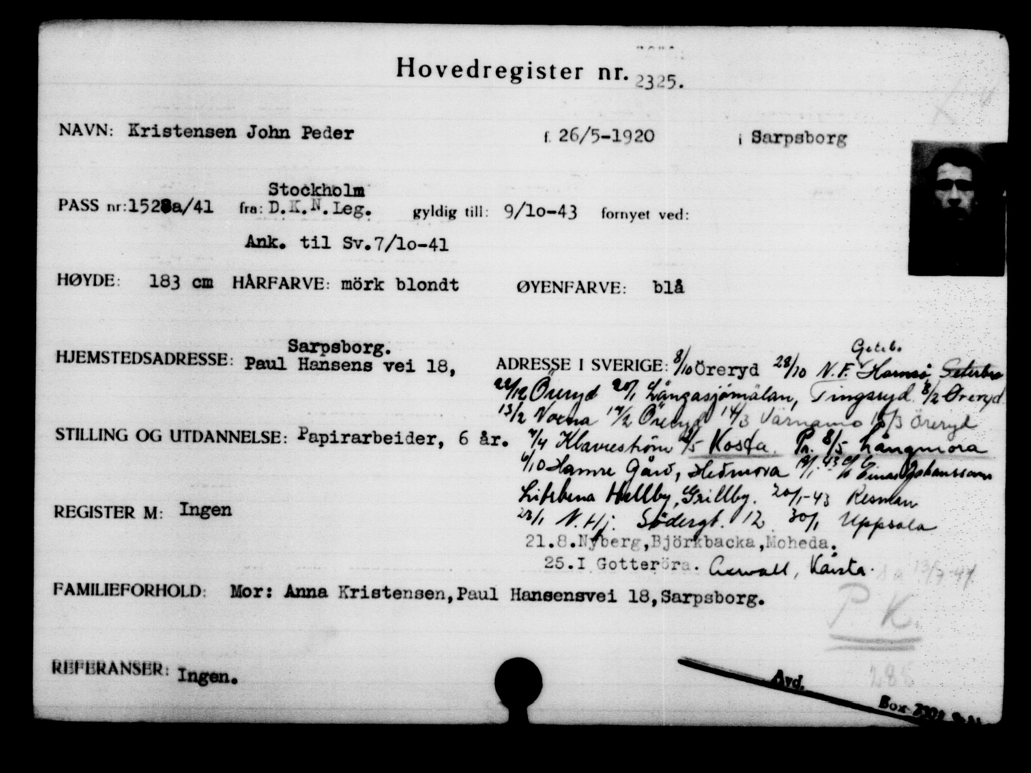 Utenriksstasjonene, Legasjonen i Stockholm, Flyktningkontoret, AV/RA-S-6753/V/Va/L0003: Kjesäterkartoteket, flyktninger med registreringsnr. 2001-3495, 1940-1945, p. 459