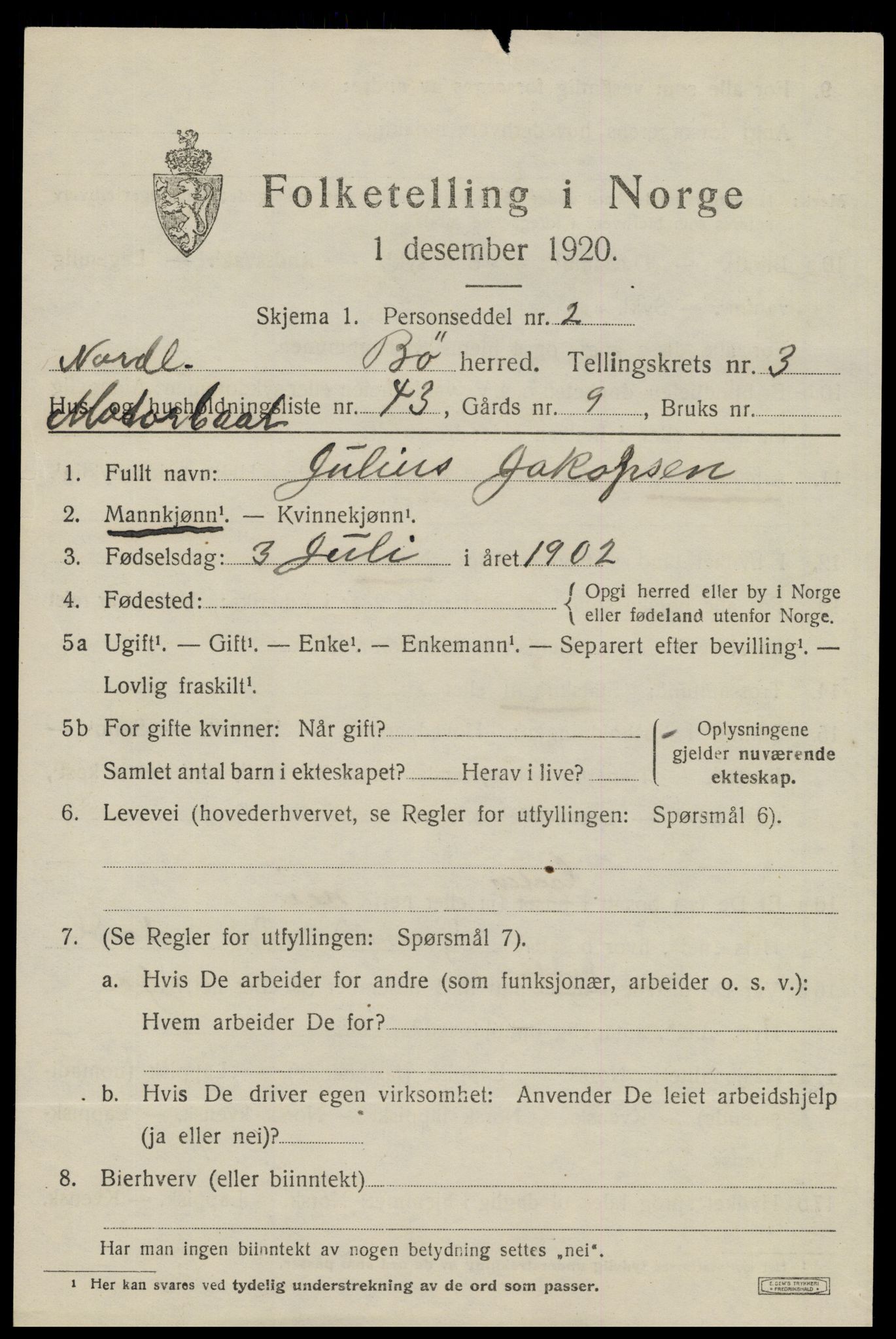 SAT, 1920 census for Bø, 1920, p. 3180