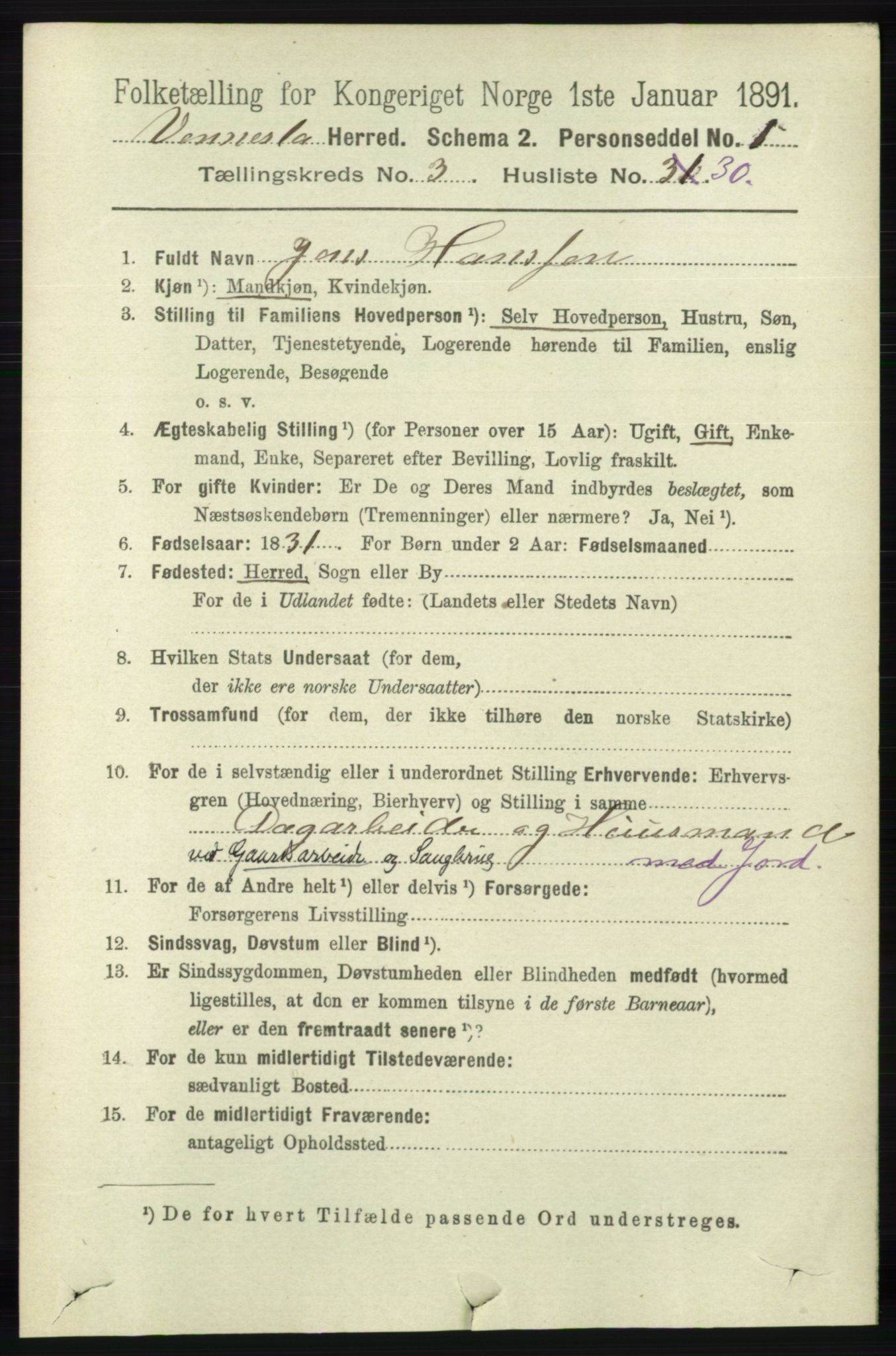 RA, 1891 census for 1014 Vennesla, 1891, p. 824