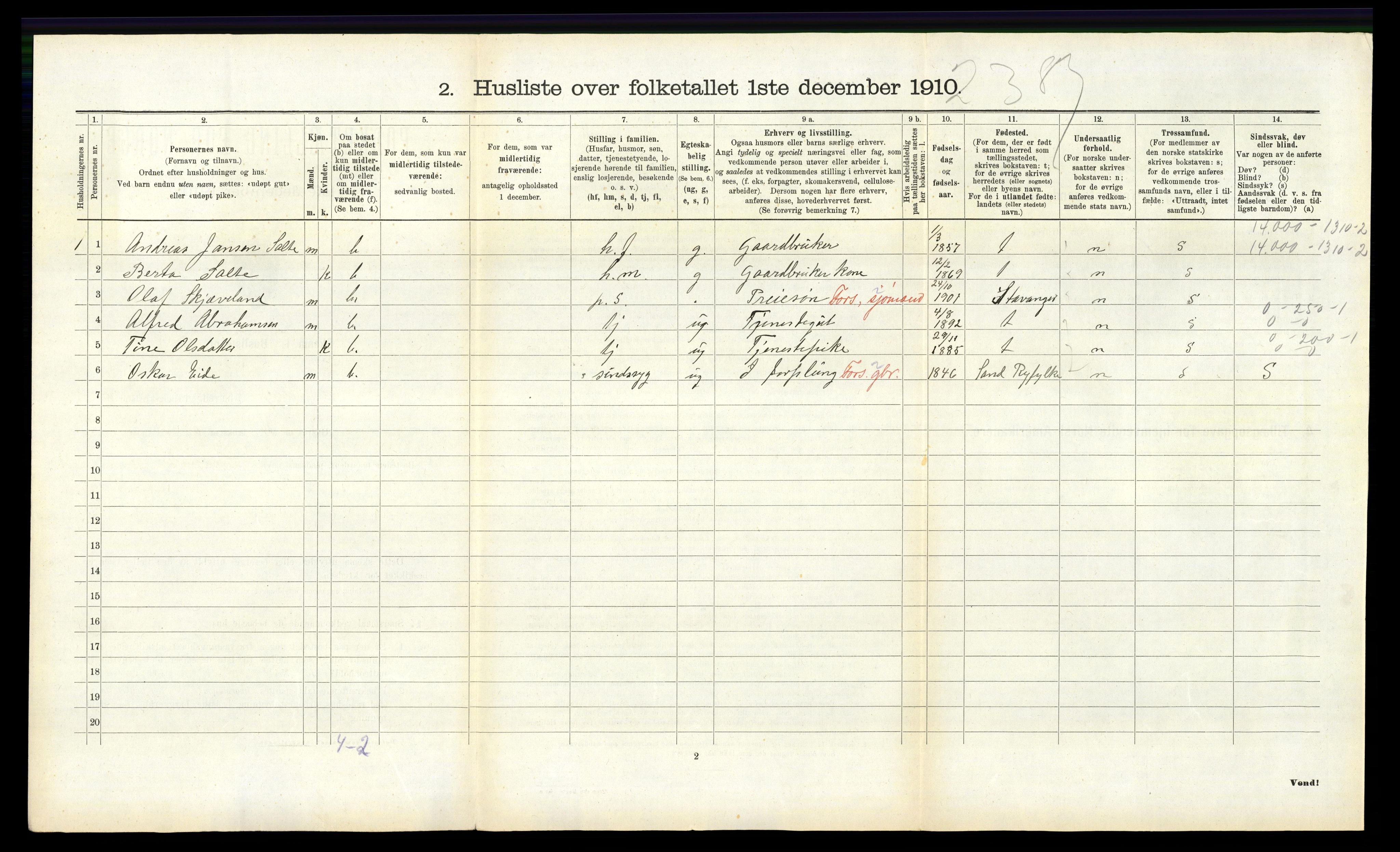 RA, 1910 census for Klepp, 1910, p. 846