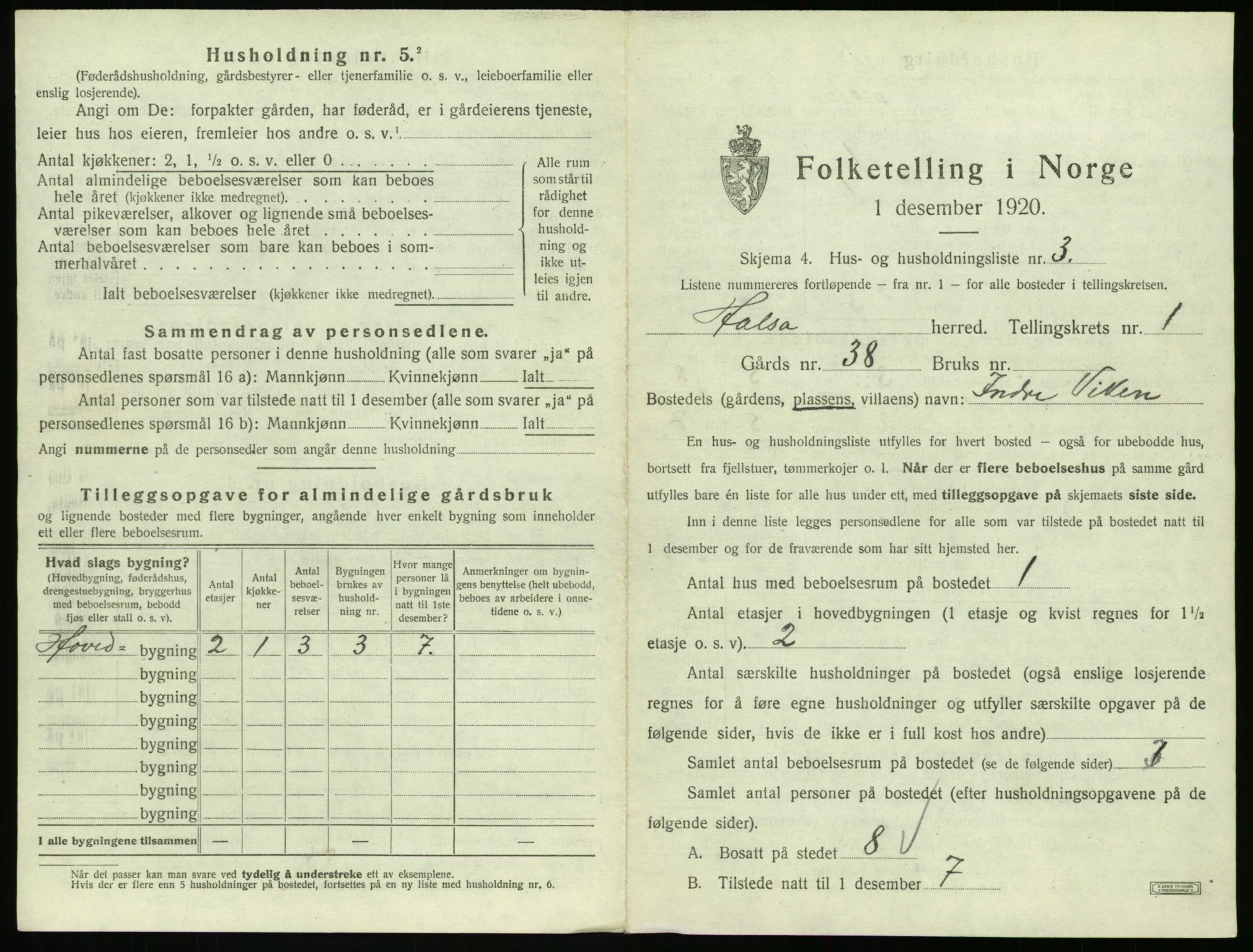 SAT, 1920 census for Halsa, 1920, p. 36