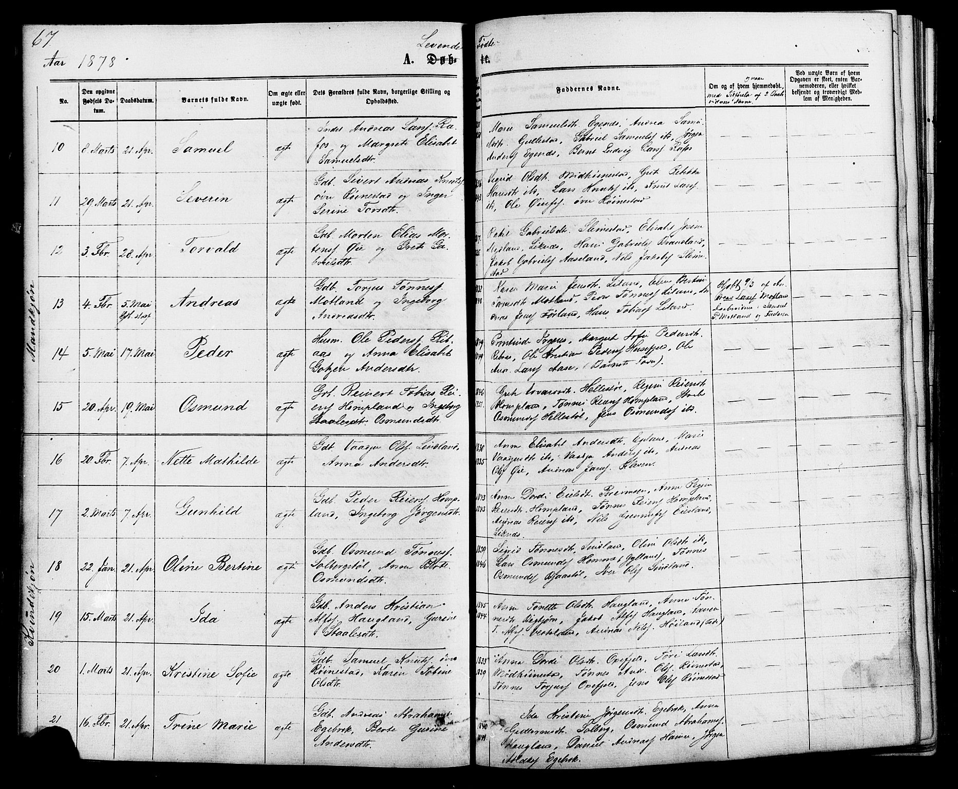 Kvinesdal sokneprestkontor, AV/SAK-1111-0026/F/Fa/Fab/L0007: Parish register (official) no. A 7, 1870-1885, p. 67