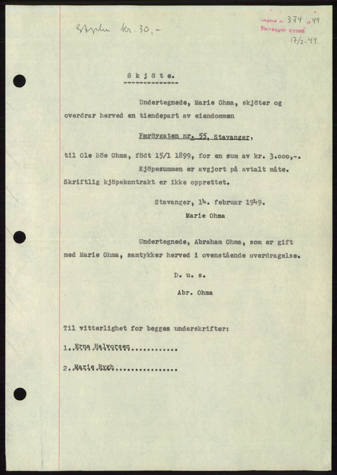 Stavanger byrett, SAST/A-100455/002/G/Gb/L0023: Mortgage book no. A12, 1948-1949, Diary no: : 374/1949