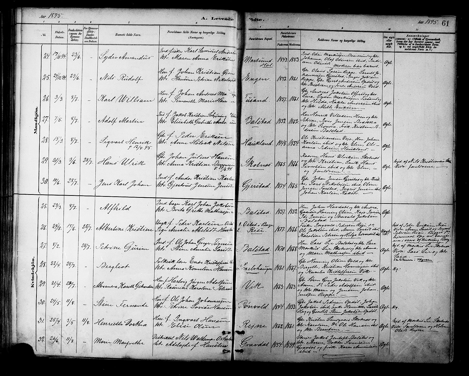 Ministerialprotokoller, klokkerbøker og fødselsregistre - Nordland, AV/SAT-A-1459/881/L1167: Parish register (copy) no. 881C04, 1886-1899, p. 61