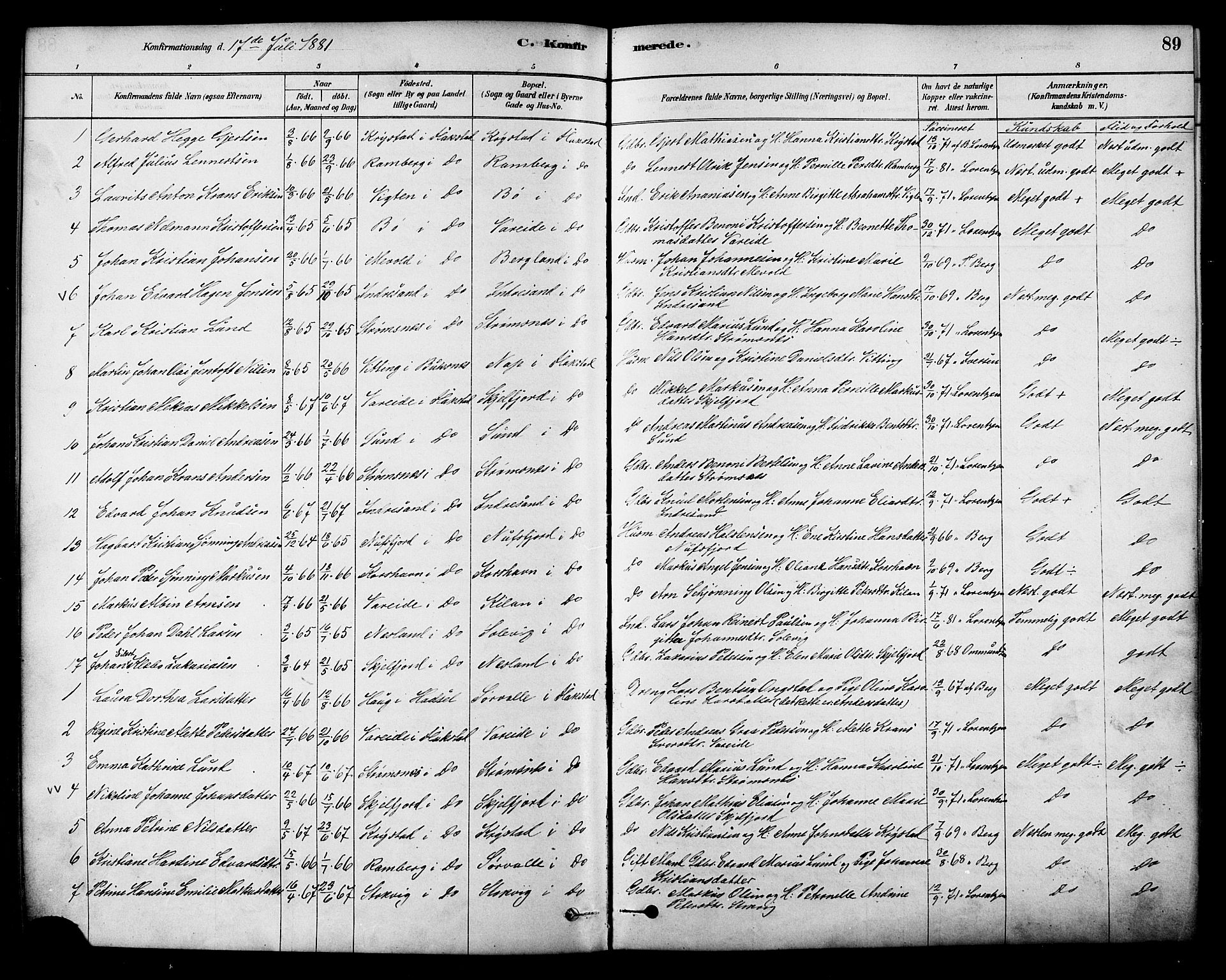 Ministerialprotokoller, klokkerbøker og fødselsregistre - Nordland, AV/SAT-A-1459/885/L1204: Parish register (official) no. 885A05, 1878-1892, p. 89