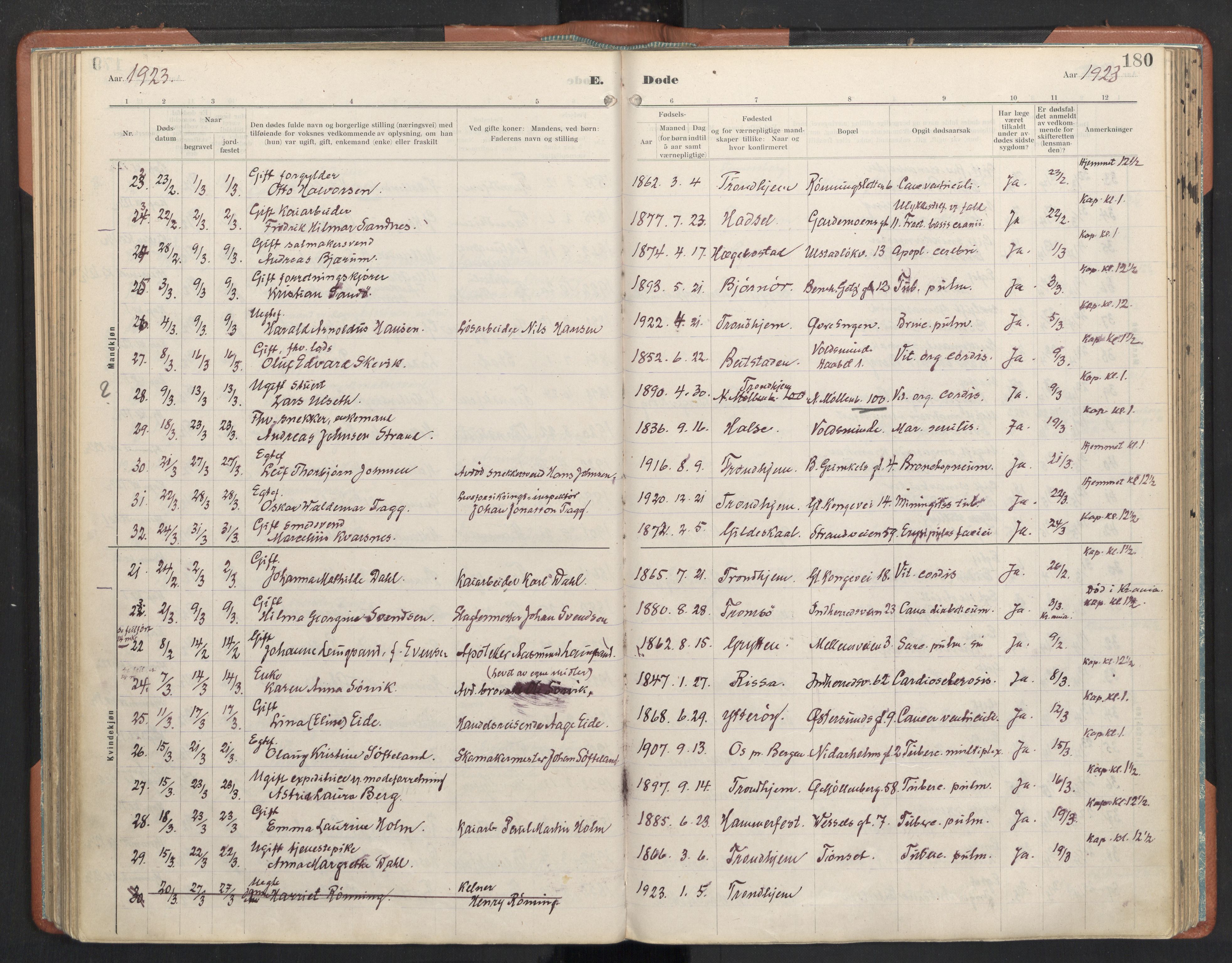 Ministerialprotokoller, klokkerbøker og fødselsregistre - Sør-Trøndelag, AV/SAT-A-1456/605/L0245: Parish register (official) no. 605A07, 1916-1938, p. 180