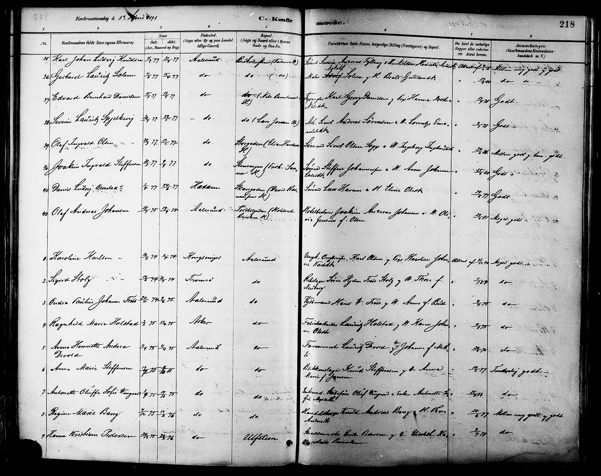 Ministerialprotokoller, klokkerbøker og fødselsregistre - Møre og Romsdal, AV/SAT-A-1454/529/L0455: Parish register (official) no. 529A05, 1885-1893, p. 218