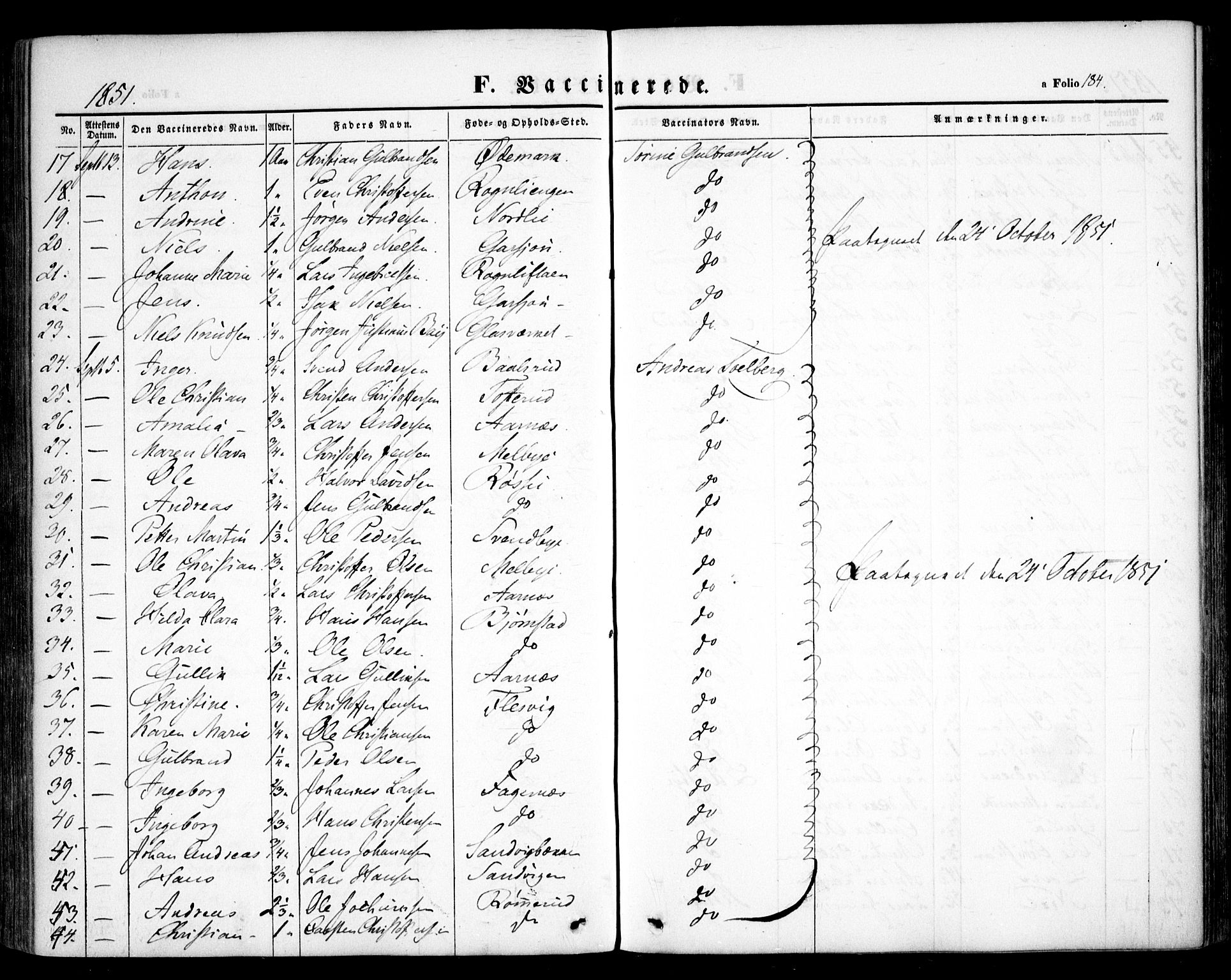 Hurdal prestekontor Kirkebøker, AV/SAO-A-10889/F/Fa/L0005: Parish register (official) no. I 5, 1846-1859, p. 184