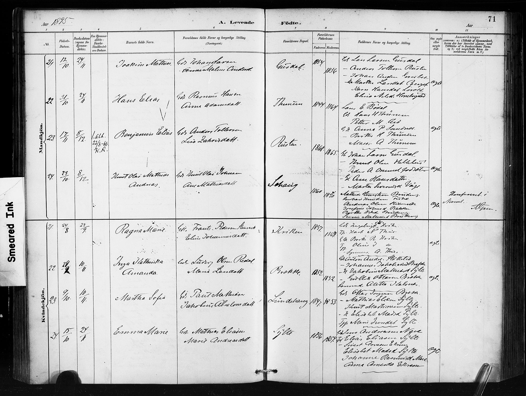 Ministerialprotokoller, klokkerbøker og fødselsregistre - Møre og Romsdal, AV/SAT-A-1454/501/L0008: Parish register (official) no. 501A08, 1885-1901, p. 71