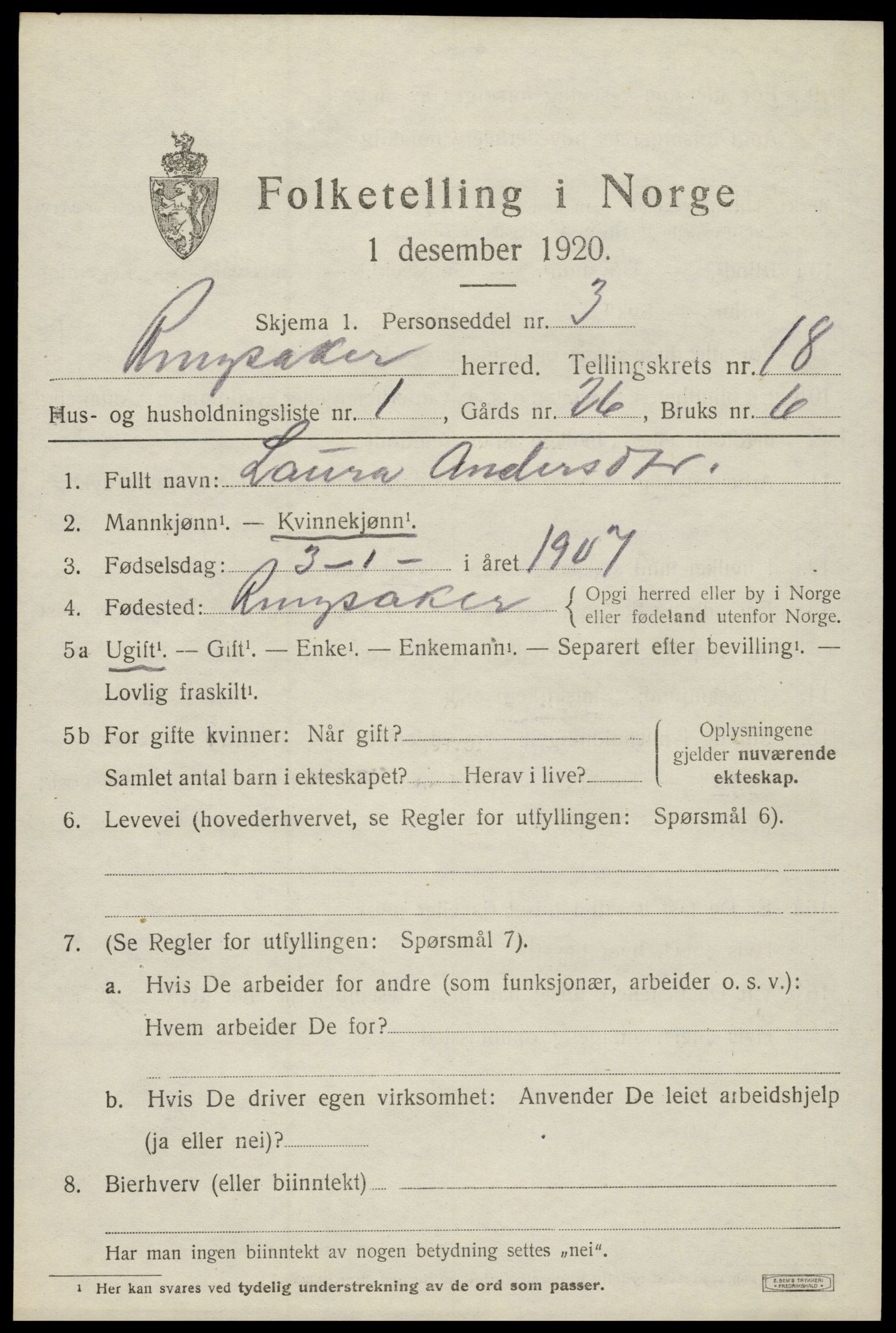 SAH, 1920 census for Ringsaker, 1920, p. 25064